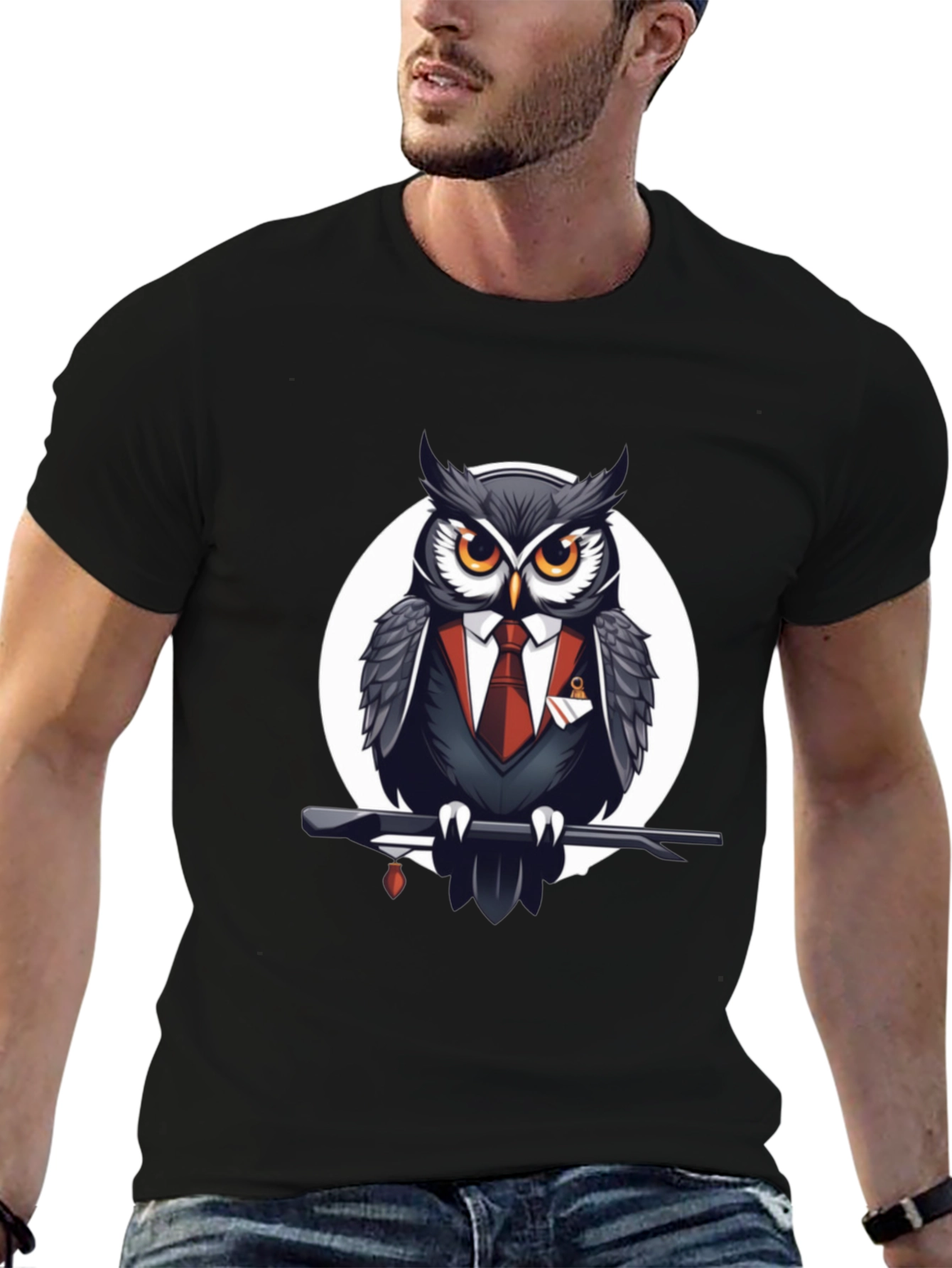 Black Owl in Suit Graphic Tee - Stylish Men's Black T-Shirt view 6