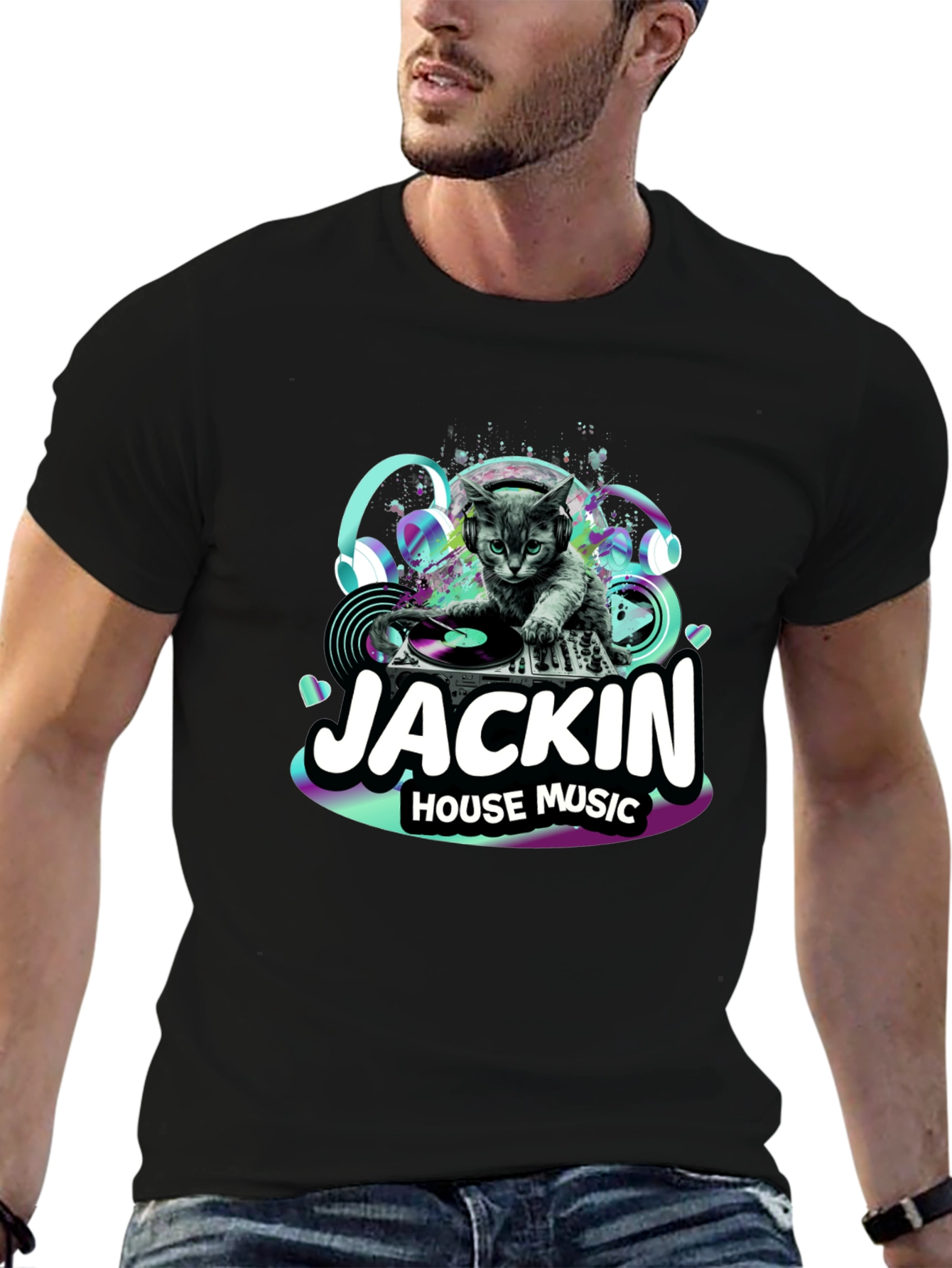 Black DJ Cat T-Shirt - "Jackin' House Music" view 6