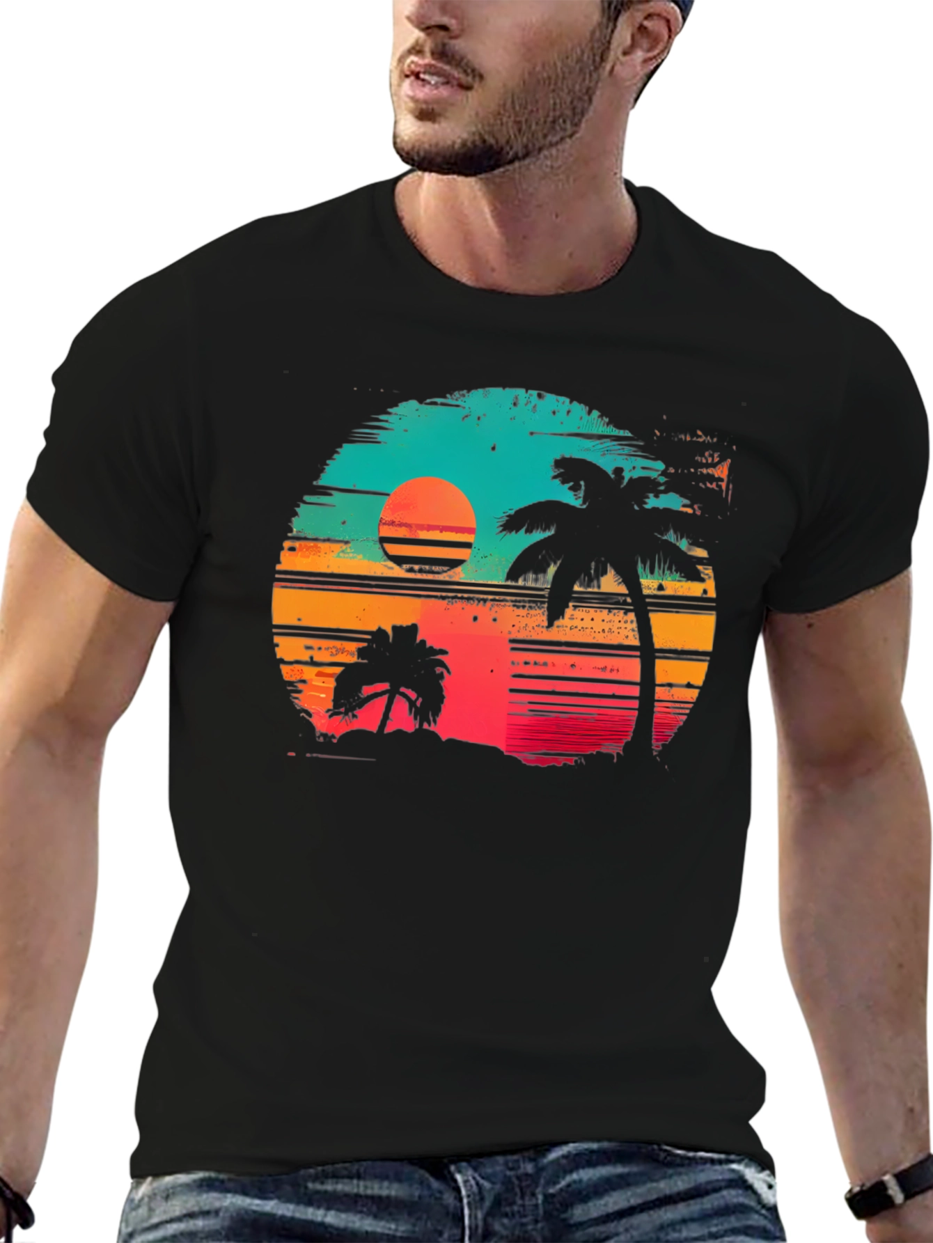 Black Retro Sunset Palm Tree Graphic T-Shirt view 6