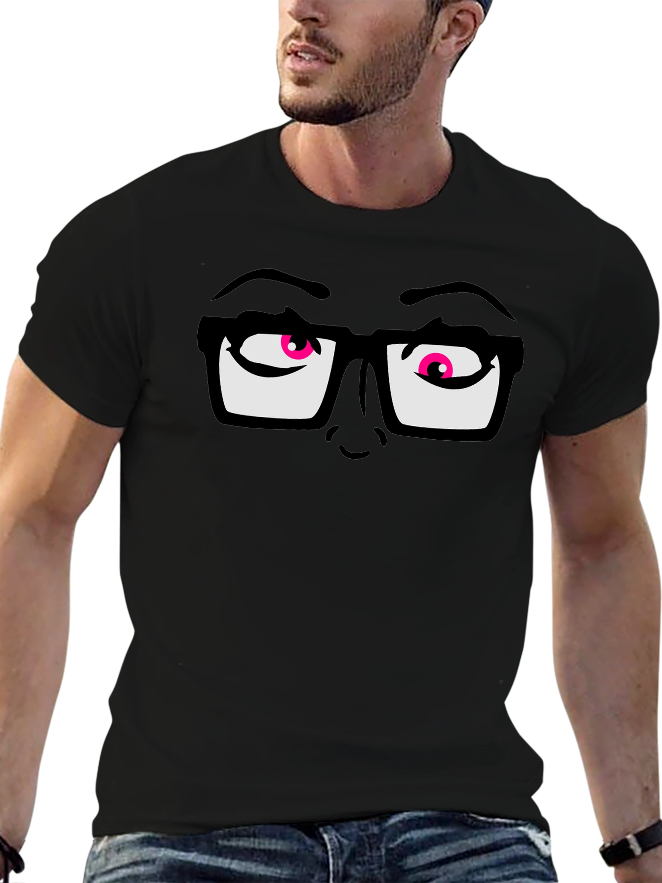 Black Funny Graphic T-Shirt with Cartoon Eyes and Glasses view 6