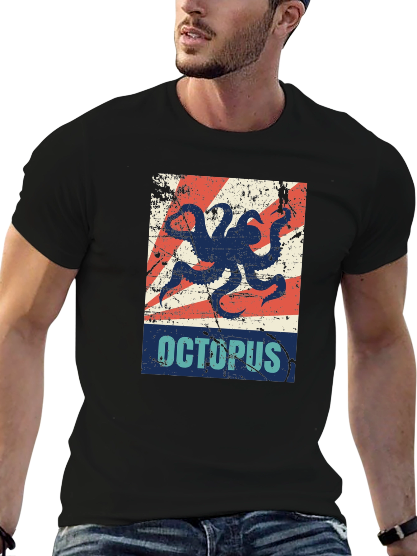 Black Distressed Octopus Graphic T-Shirt - Men's Black Tee view 6