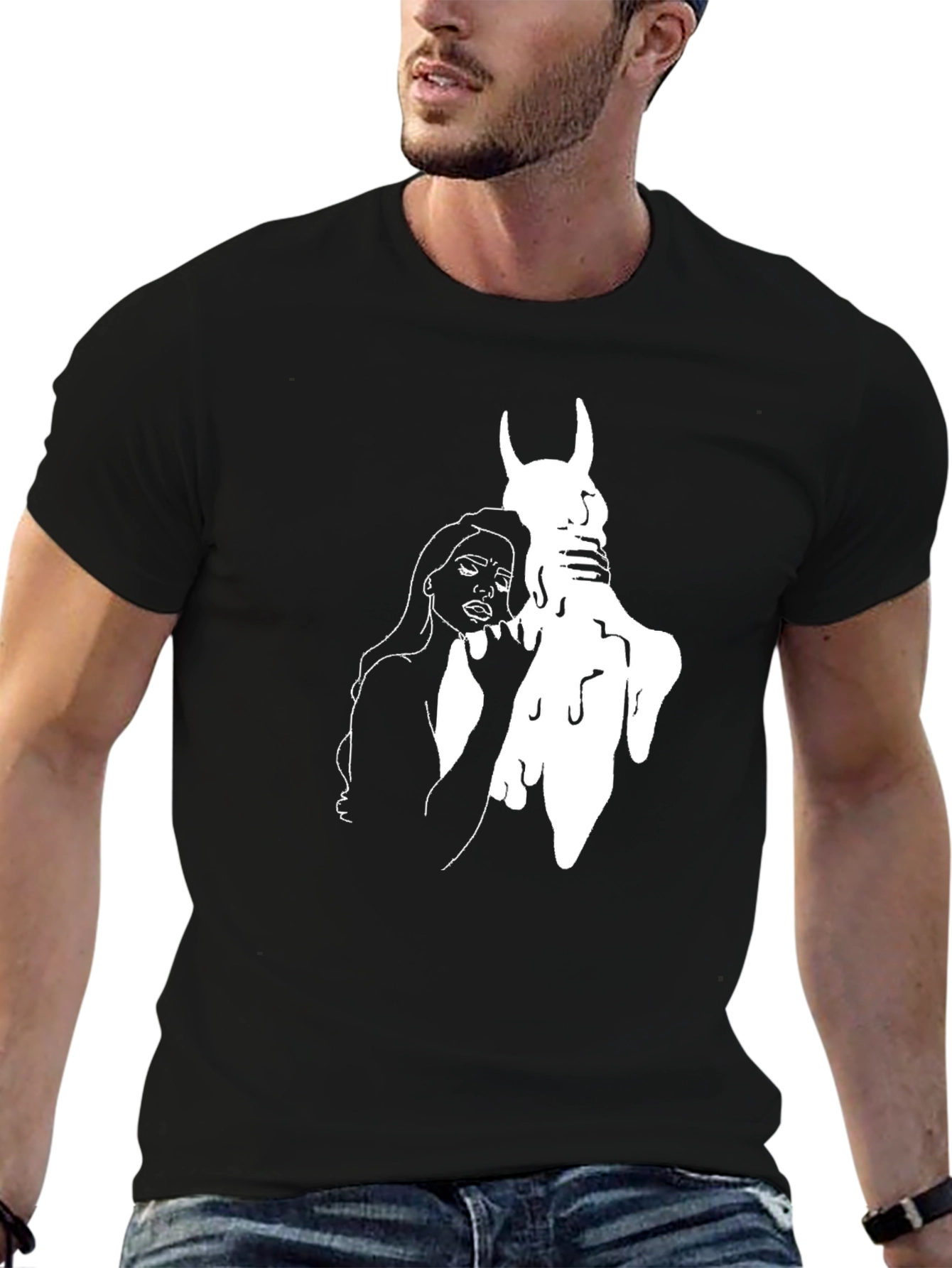 Black Black T-Shirt with Gothic Woman and Horned Figure Graphic view 6