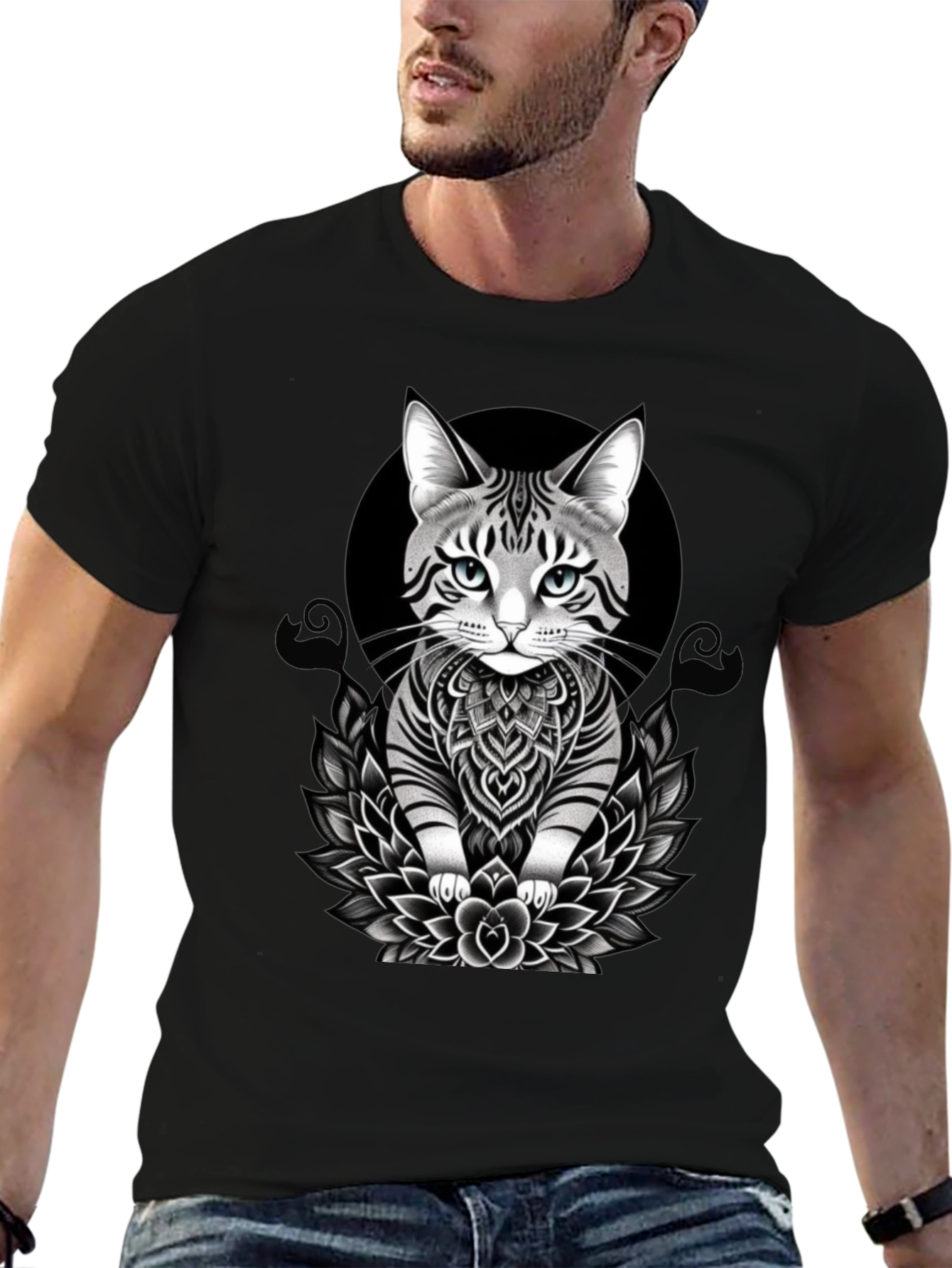 Black Cat Mandala T-Shirt - Artistic Graphic Tee view 6