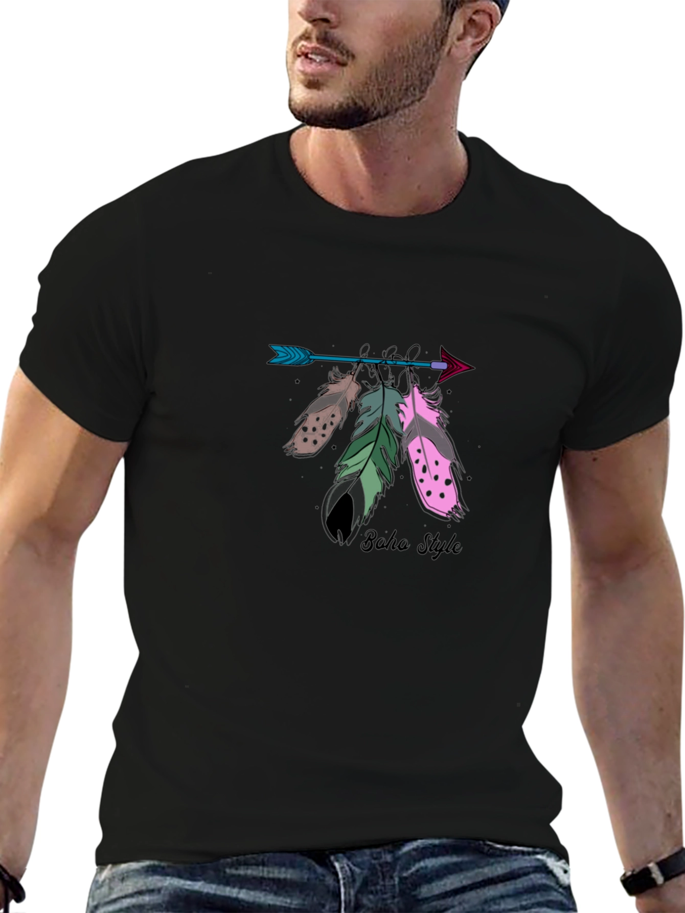 Black Boho Arrow Feather Graphic T-Shirt view 6