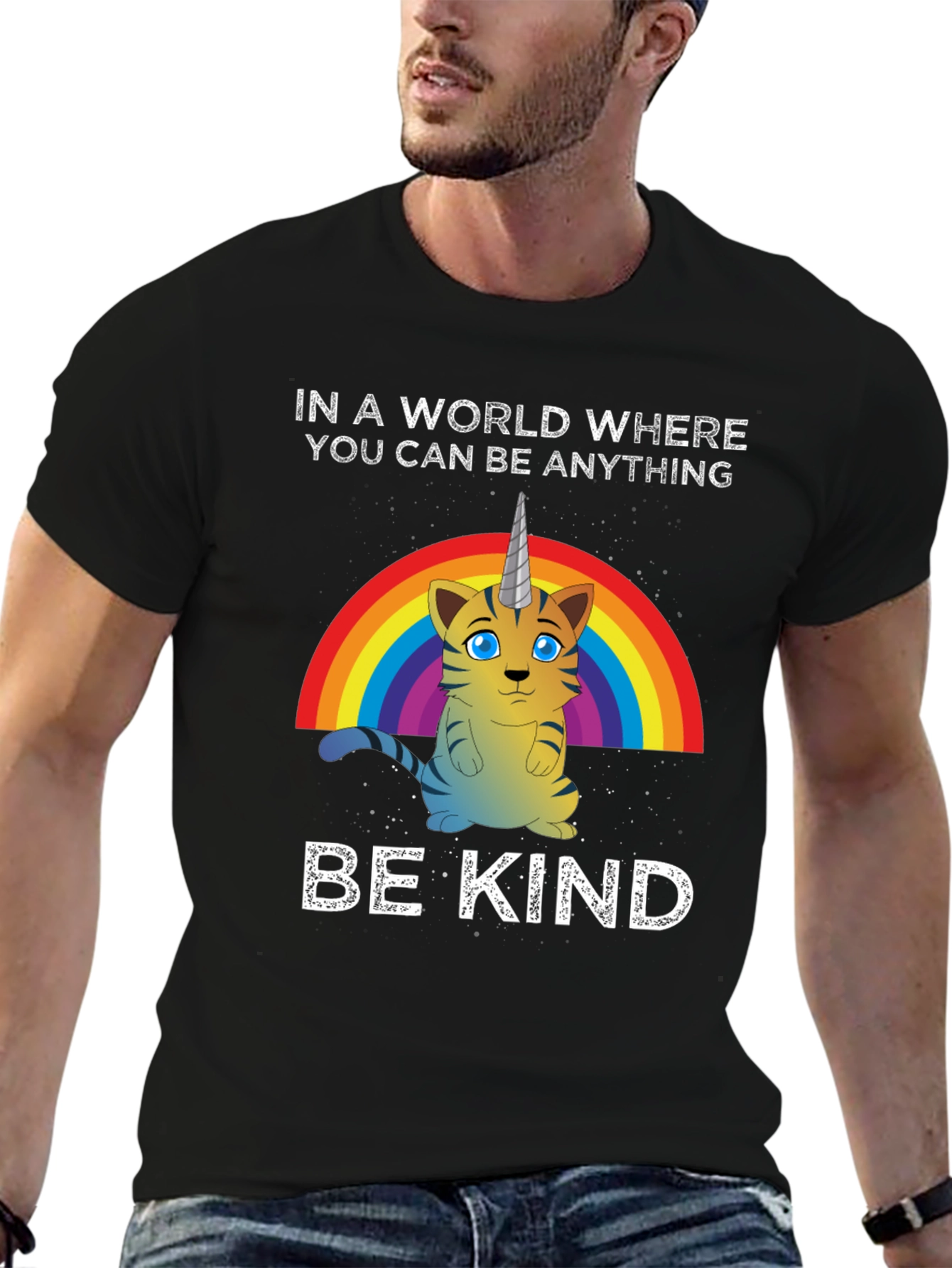 Black Unicorn Cat Rainbow T-Shirt - Be Kind view 6