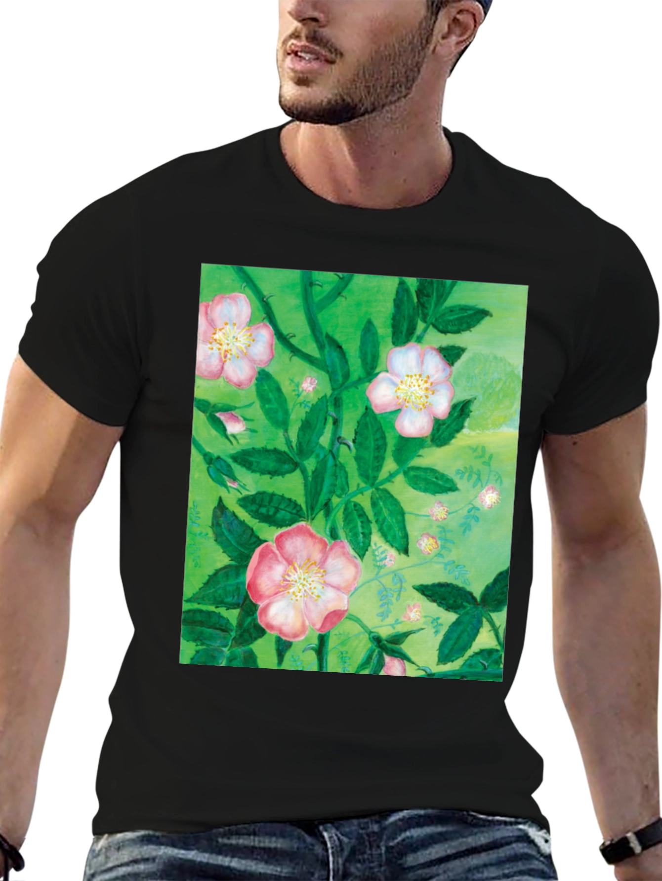 Black Floral Print T-Shirt - Artistic Botanical Design view 6