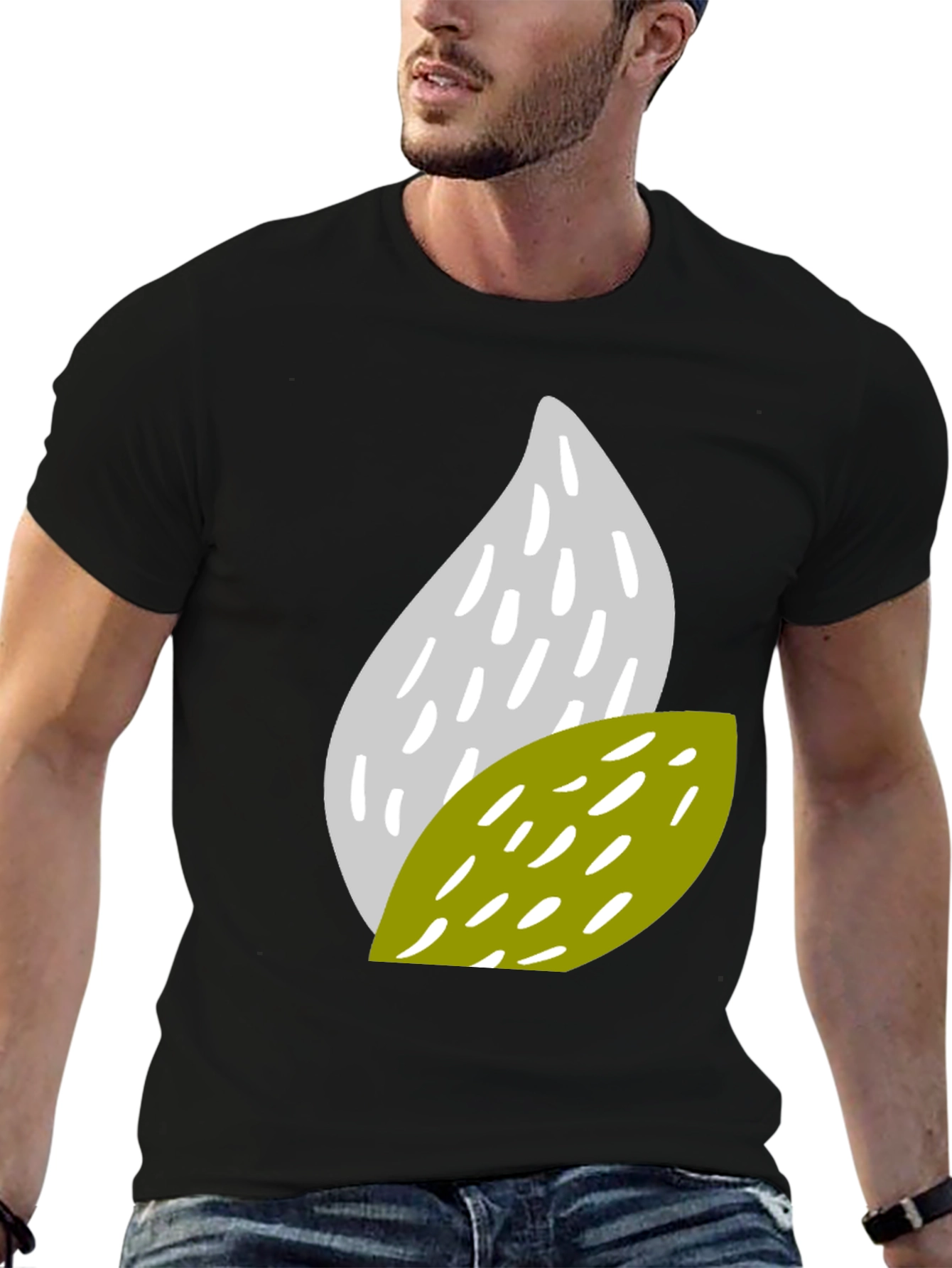 Black Abstract Leaf Pattern Black T-Shirt view 6