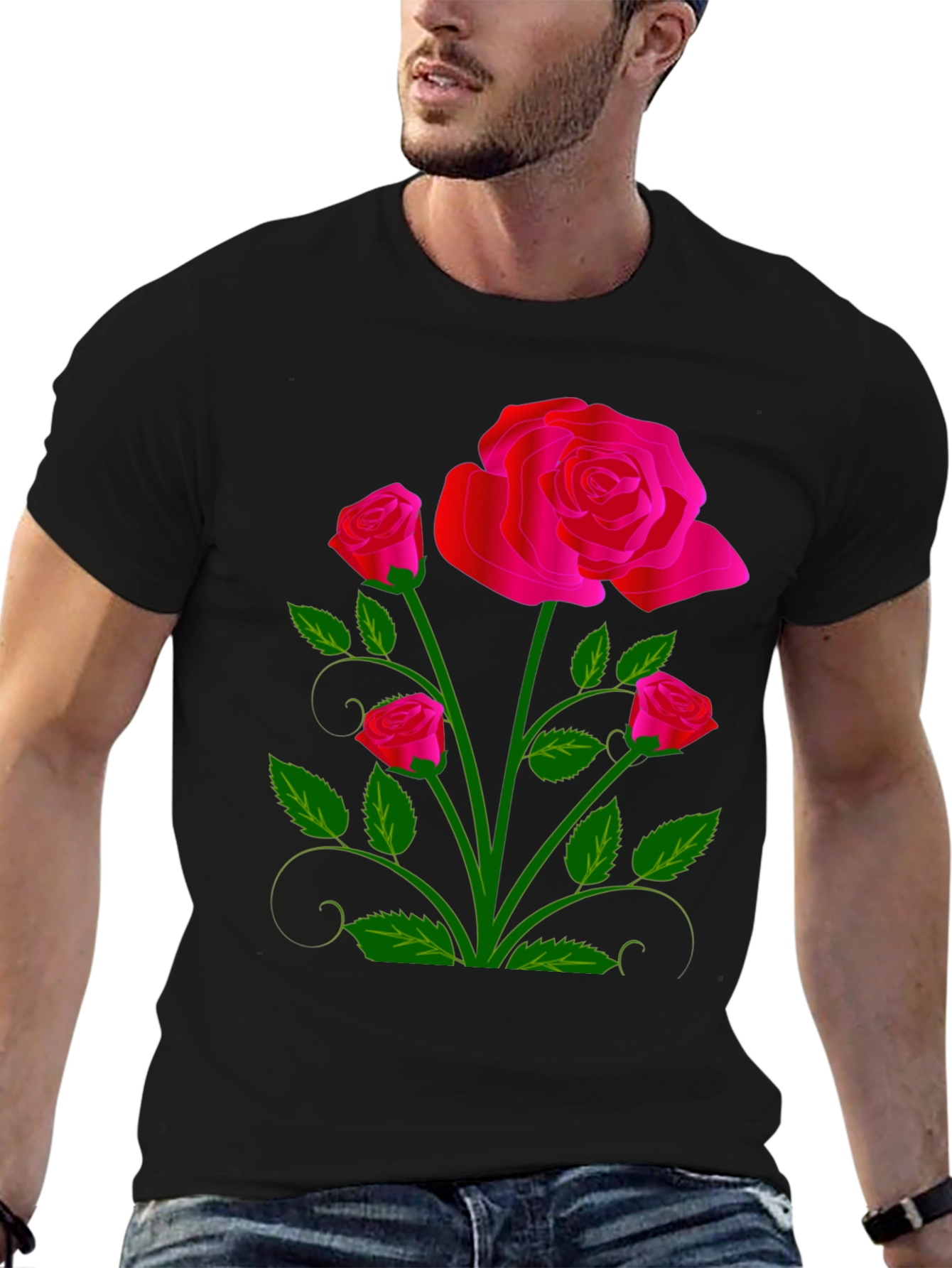 Black Black T-Shirt with Vivid Floral Rose Design view 6