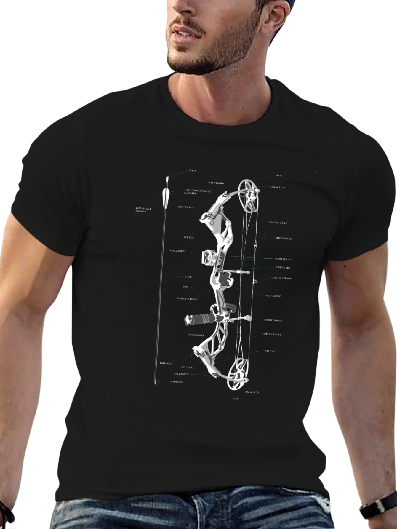 Black Bow Anatomy Graphic T-Shirt | Archery Enthusiast Tee view 6