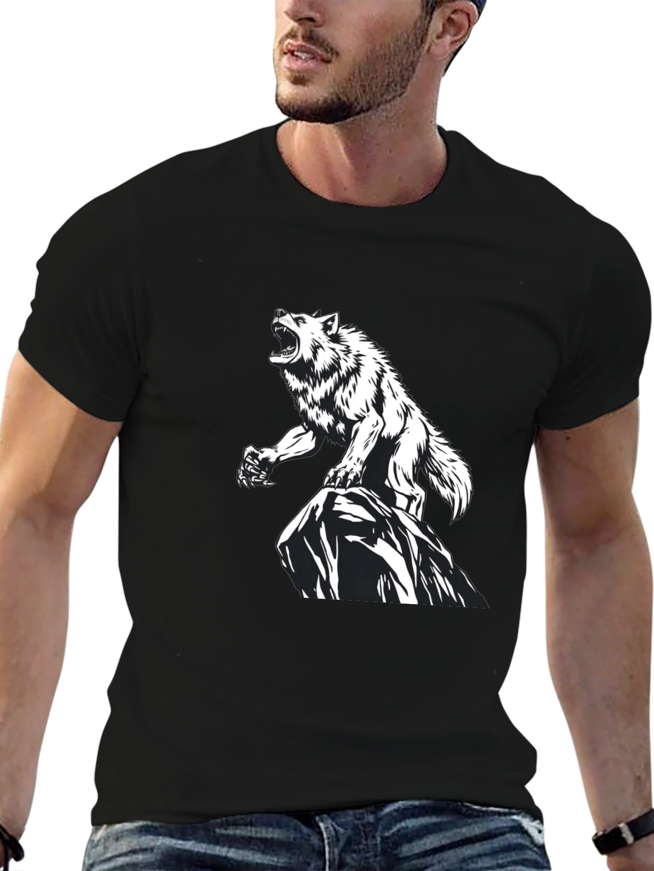 Black Wolf Graphic Print Black T-Shirt view 6