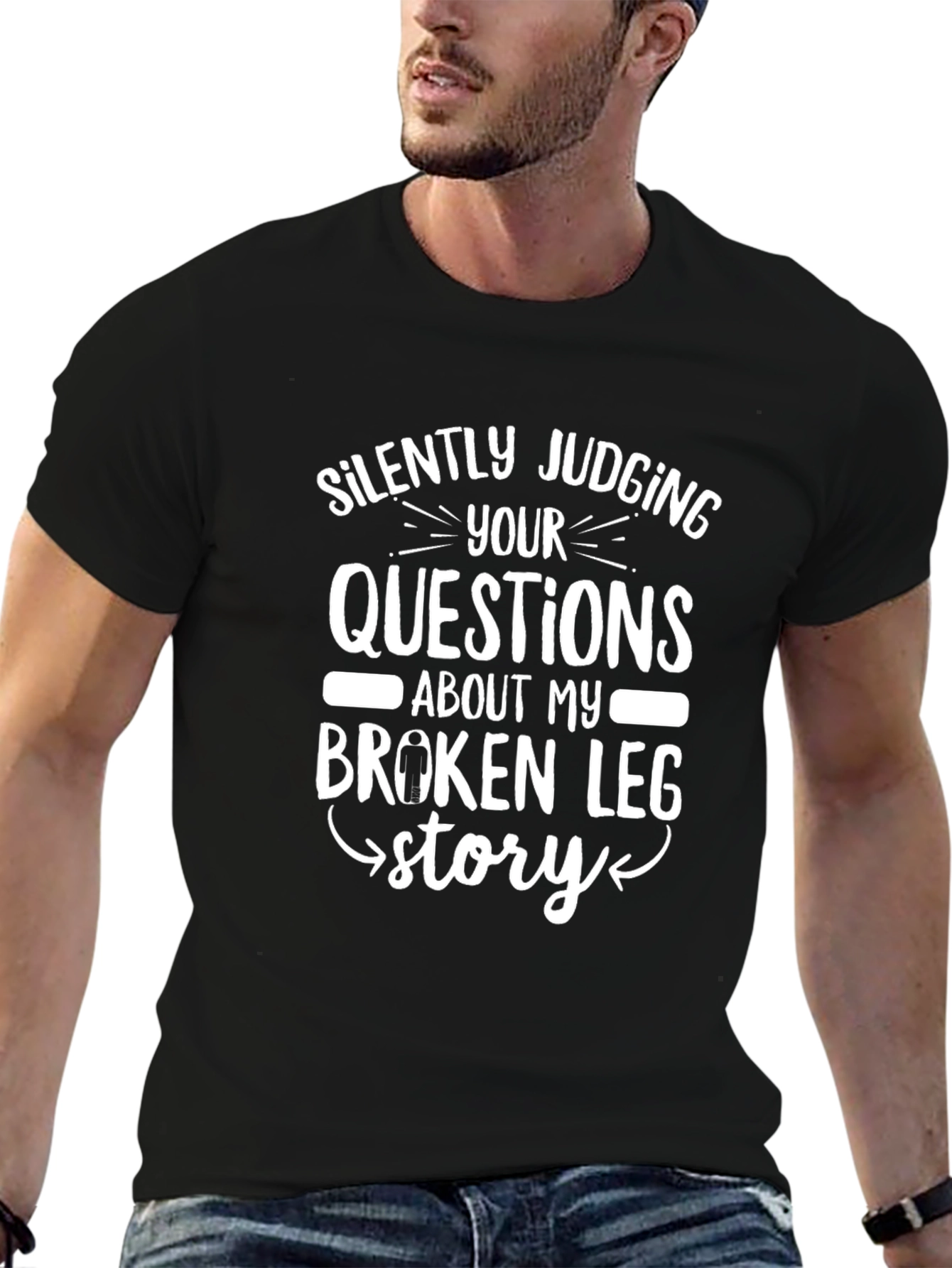 Black Silently Judging T-Shirt - Broken Leg Story Tee view 6