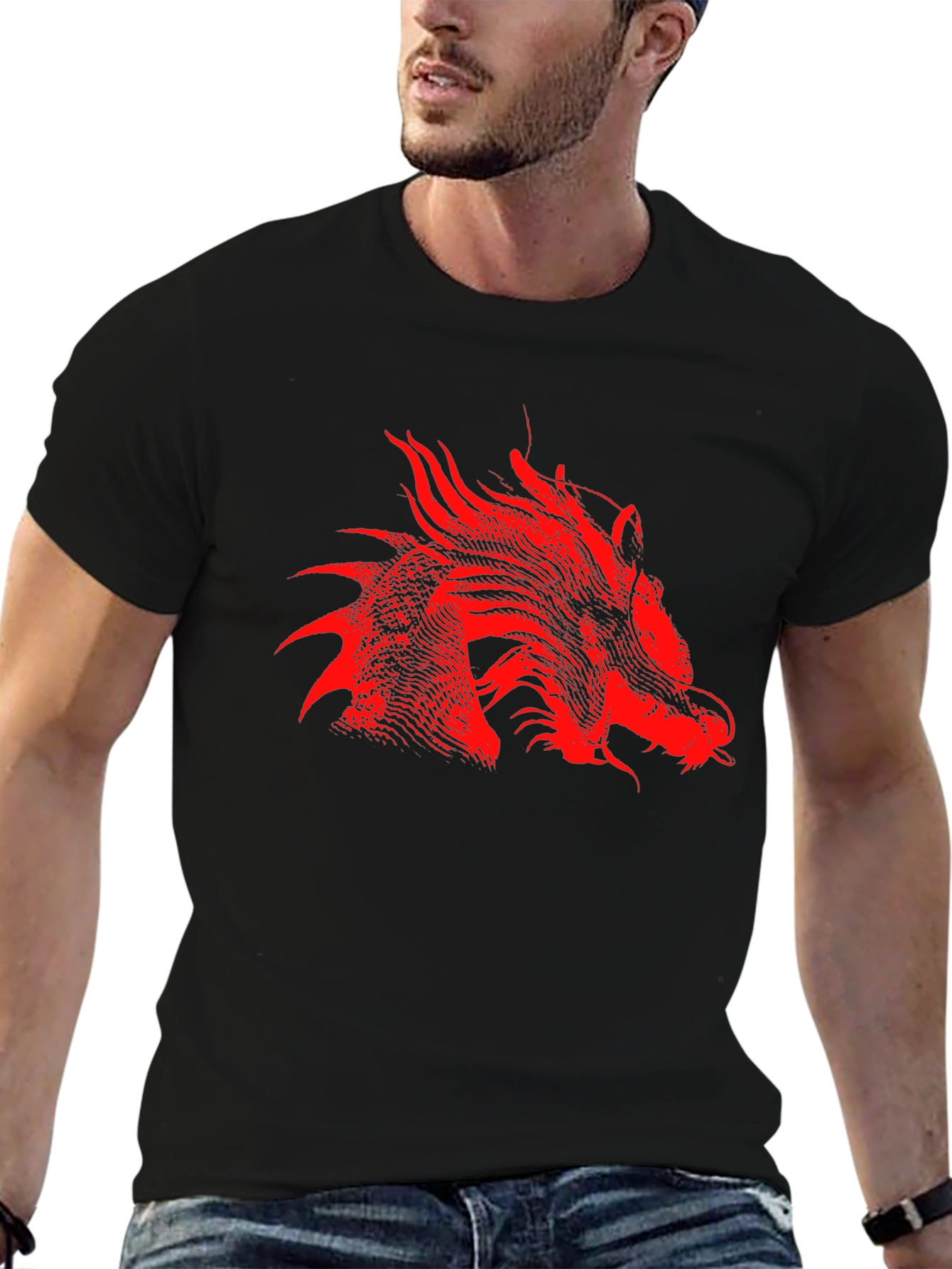Black Red Dragon Print Black T-Shirt view 6