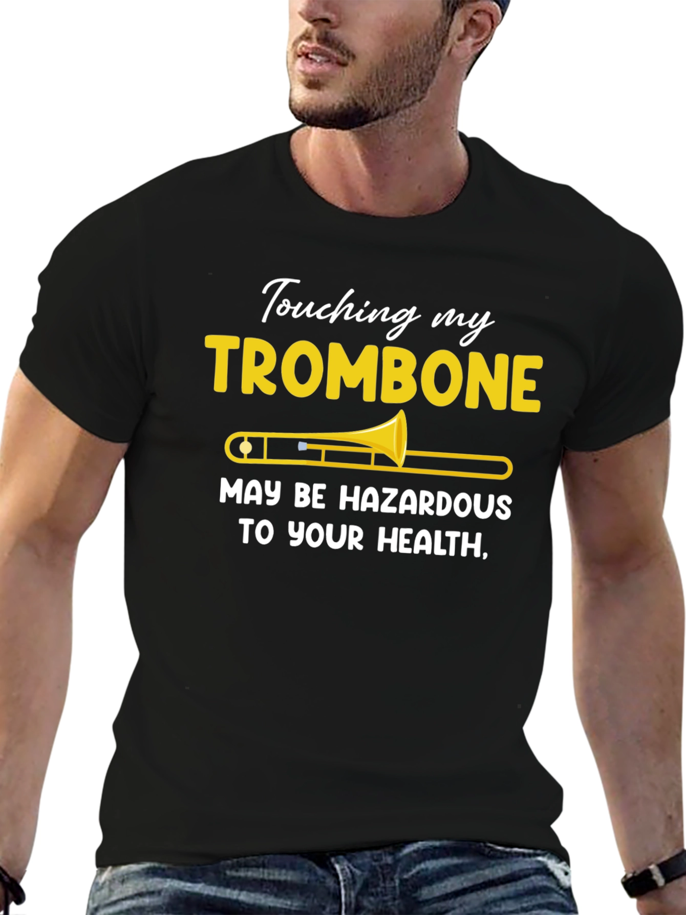 Black Trombone Humor T-Shirt - "Hazardous to Your Health" view 6