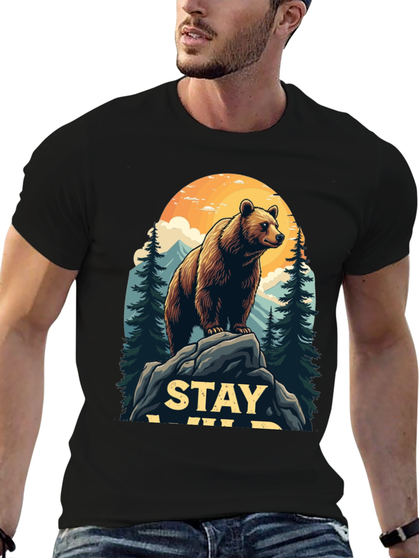 Black Stay Wild Bear Graphic Tee - Men's Black T-Shirt view 6
