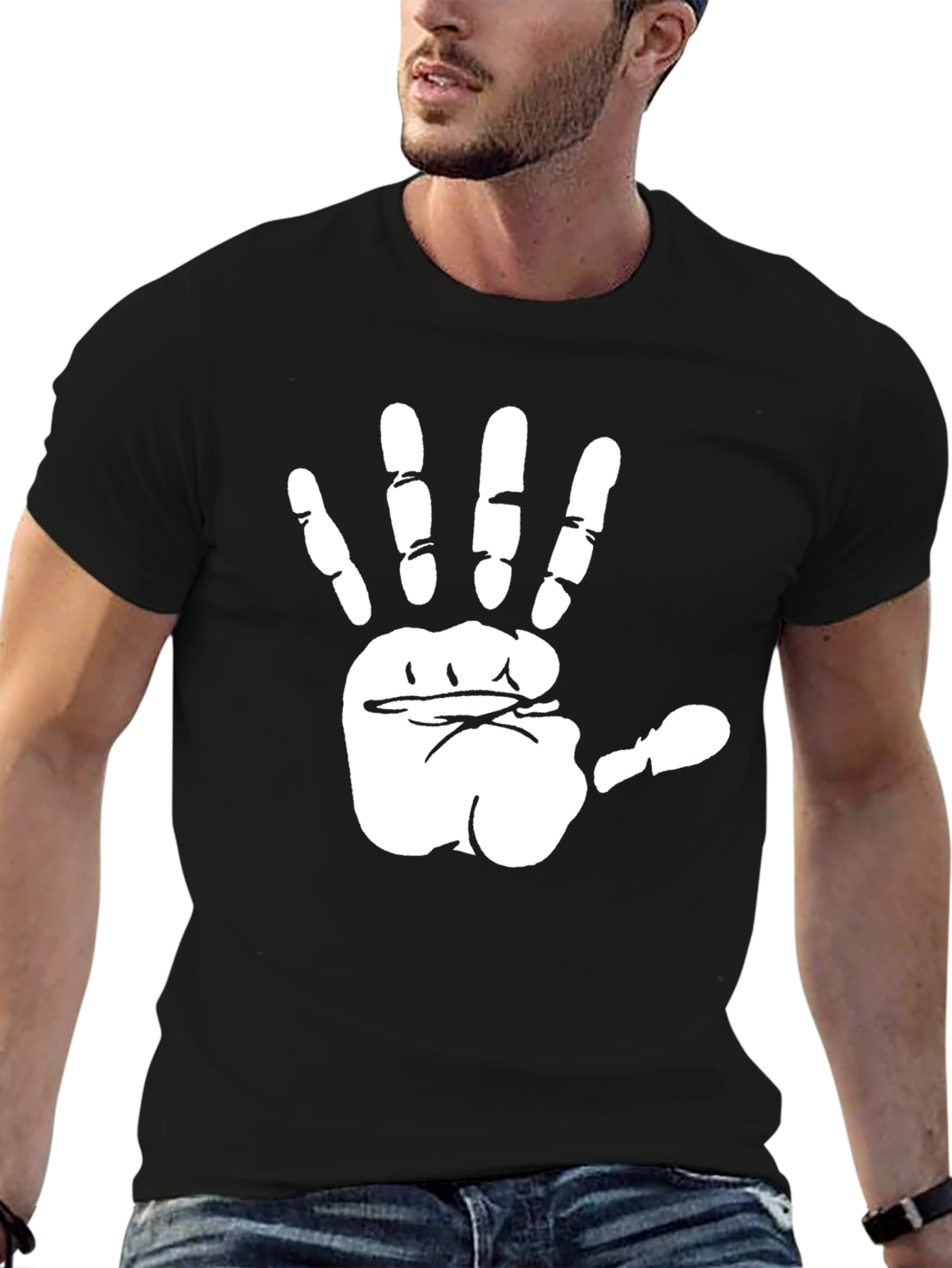 Black Black T-Shirt with White Hand Print Graphic view 6