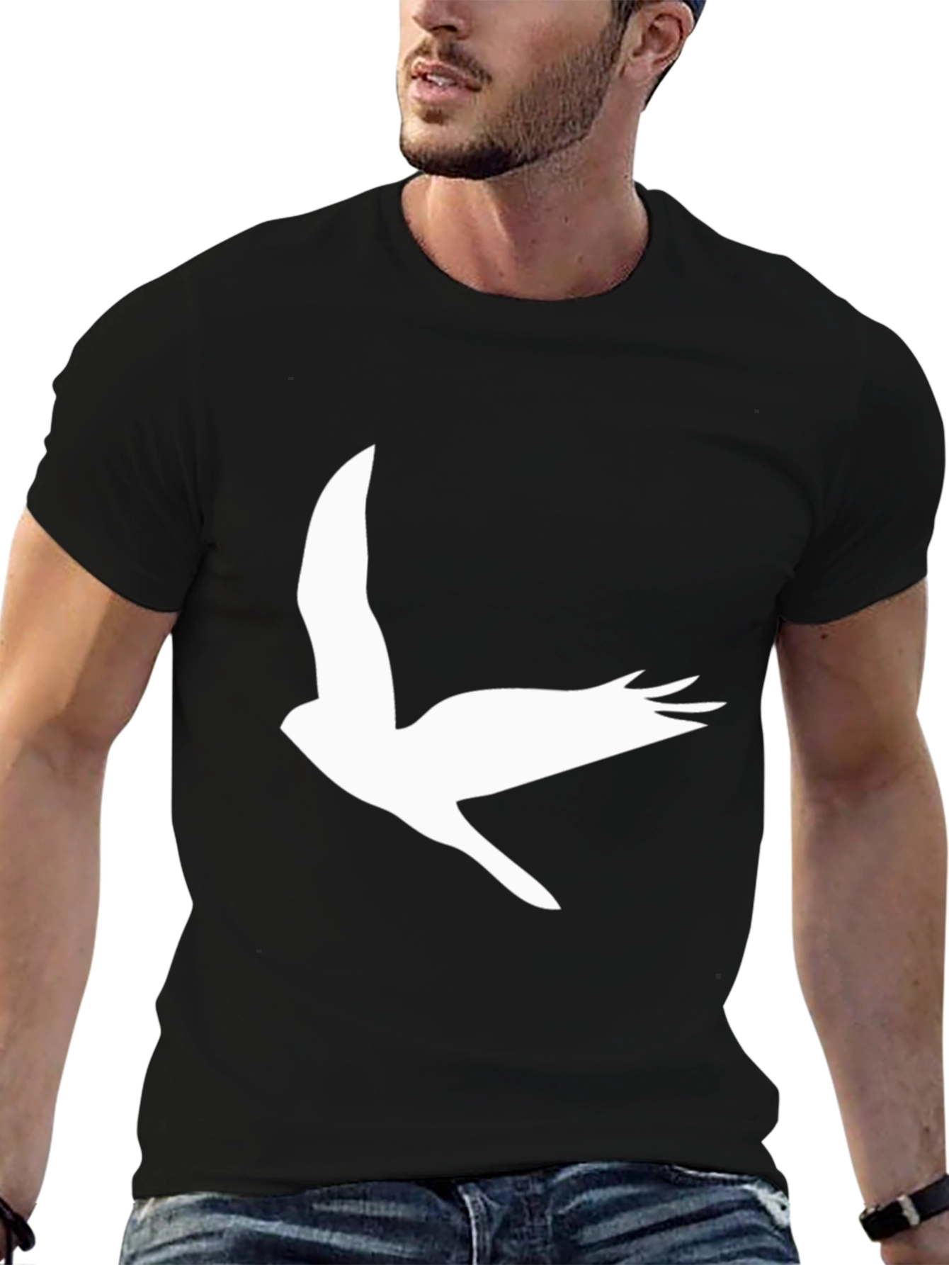 Black Black T-Shirt with White Bird Print view 6