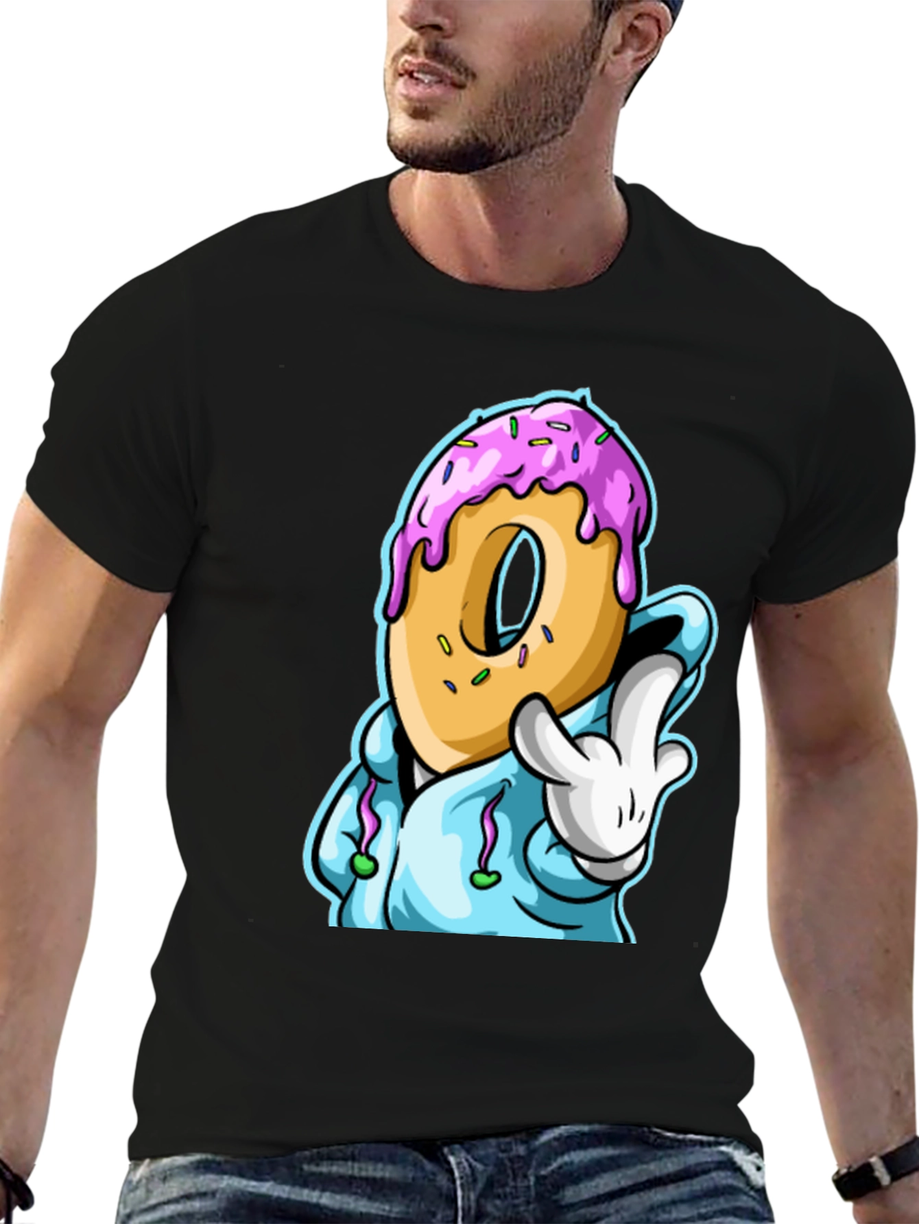 Black Donut Cartoon Graphic Black T-Shirt view 6