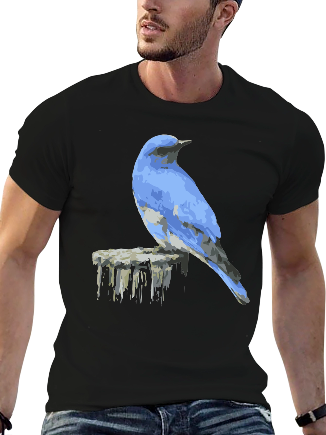 Black Blue Bird on Post Graphic Tee - Black view 6