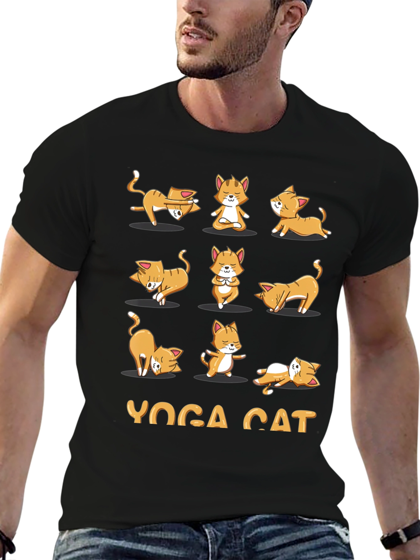 Black Yoga Cat Graphic T-Shirt - Black Cotton Tee view 6