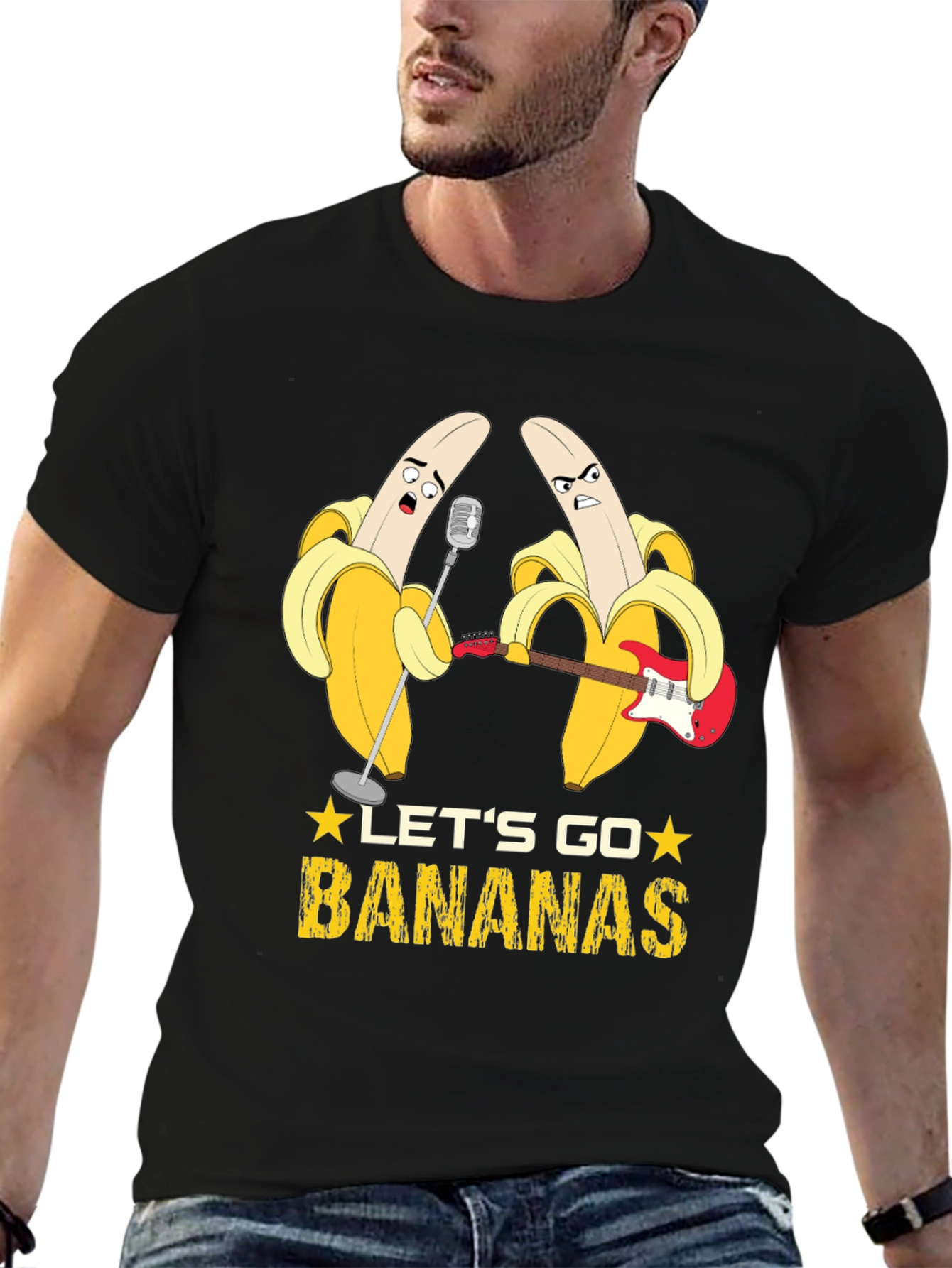 Black Let's Go Bananas Funny Music T-Shirt view 6