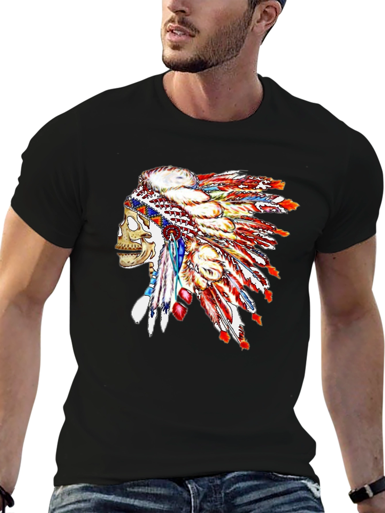 Black Skull Chief Headdress Graphic Tee - Black Cotton Blend view 6