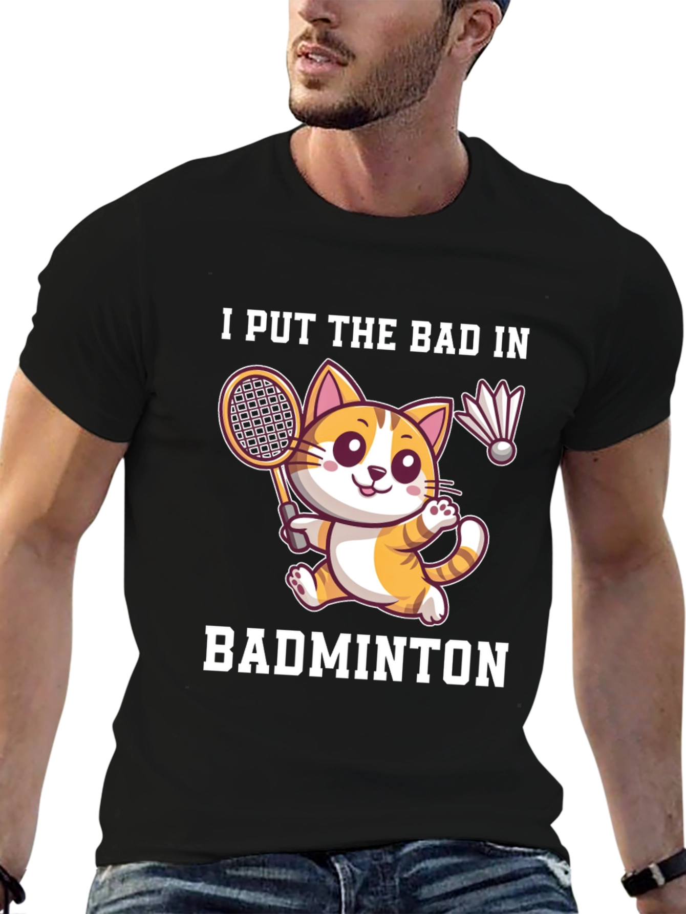 Black Badminton Cat Graphic Tee - Funny Sport Shirt view 6