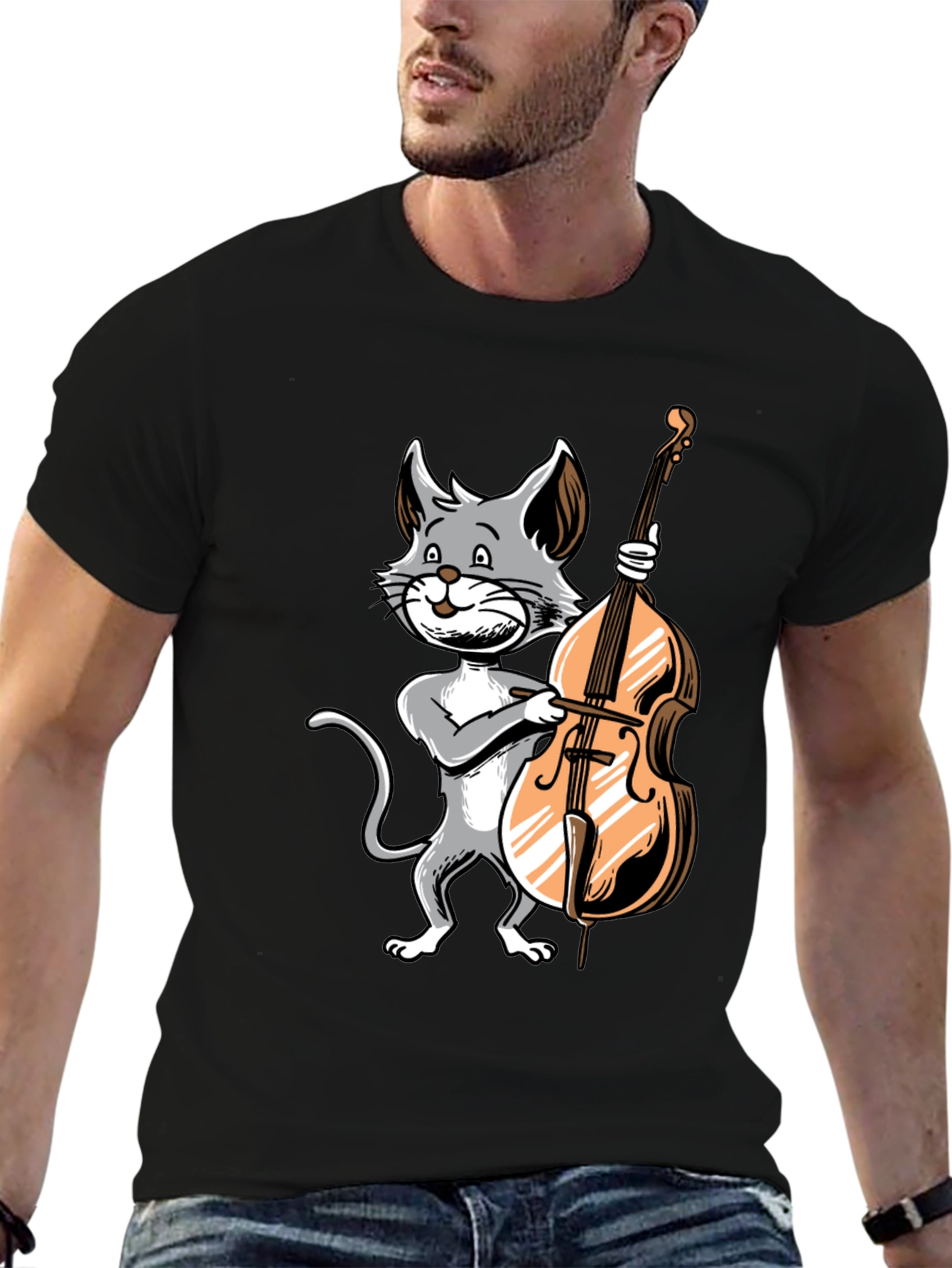 Black Cat Bass Player Graphic T-Shirt view 6