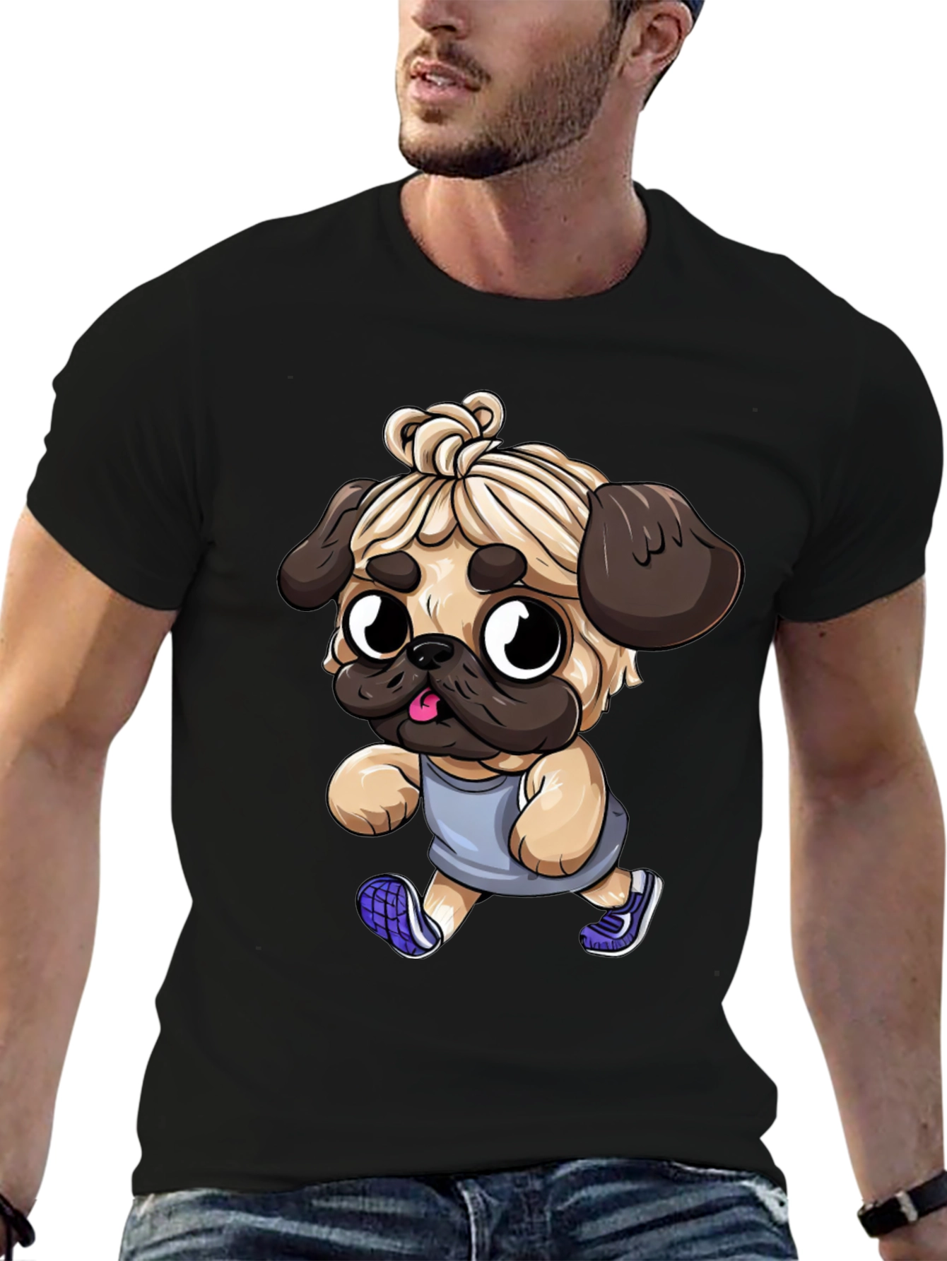 Black Funny Pug Jogger Tee - Men's Black T-Shirt view 6