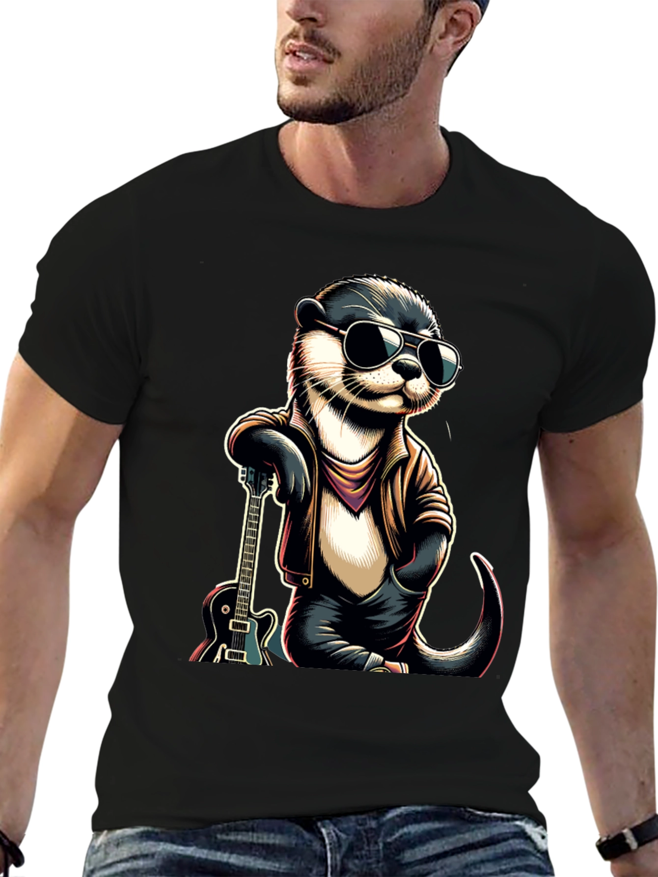 Black Cool Otter Guitarist Graphic Tee view 6