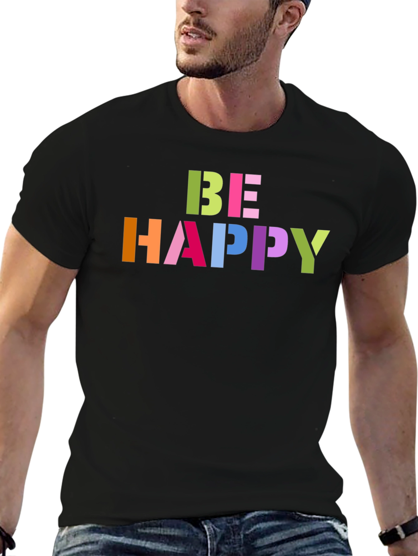 Black Be Happy Graphic Tee - Colorful Lettering, Black T-Shirt view 6