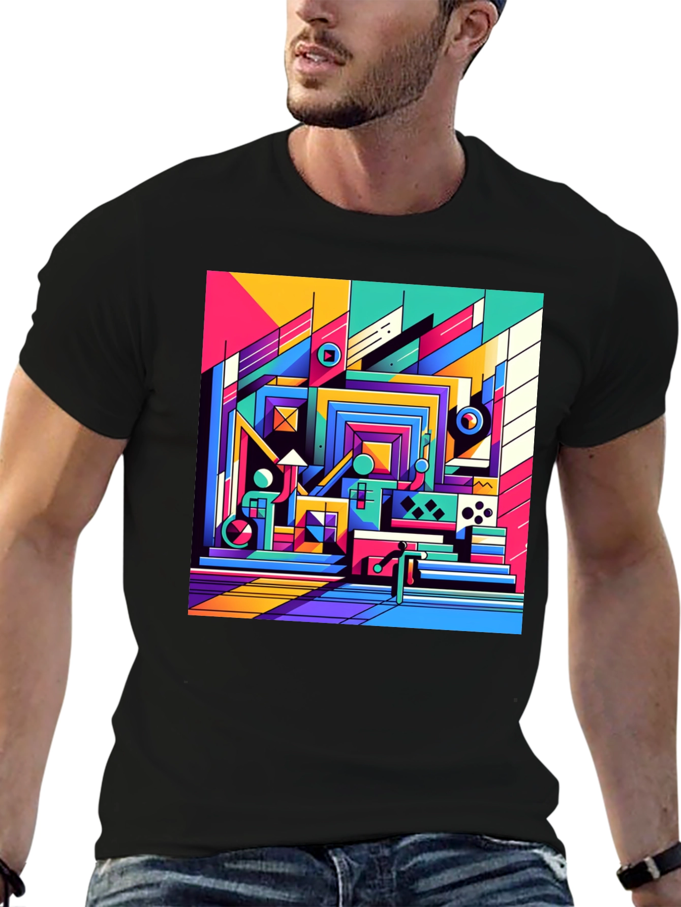 Black Retro Geometric Art T-Shirt - Bold Colorful Design view 6