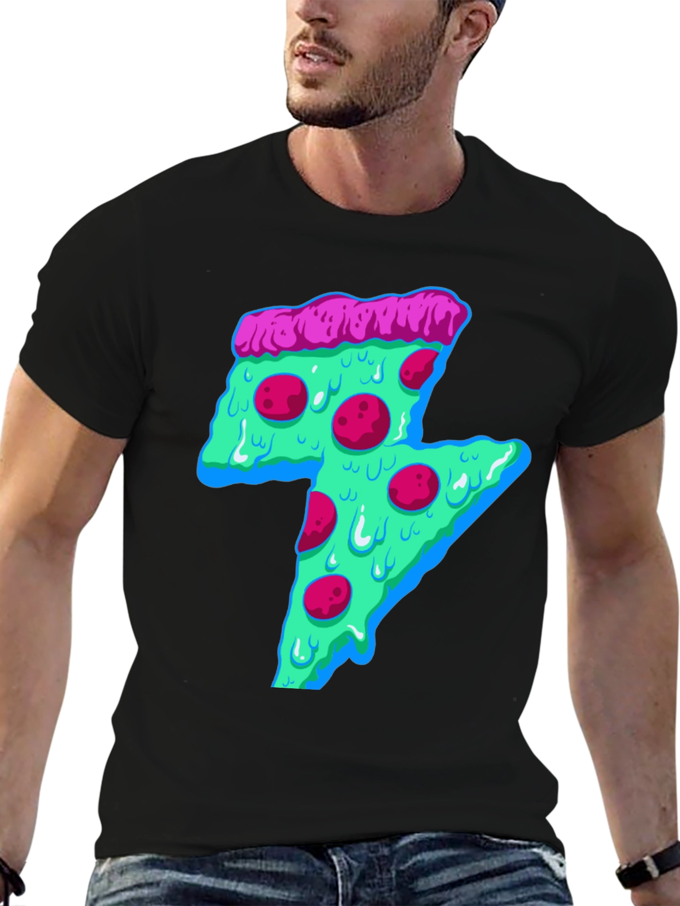 Black Neon Pizza Lightning Bolt Graphic Tee view 6