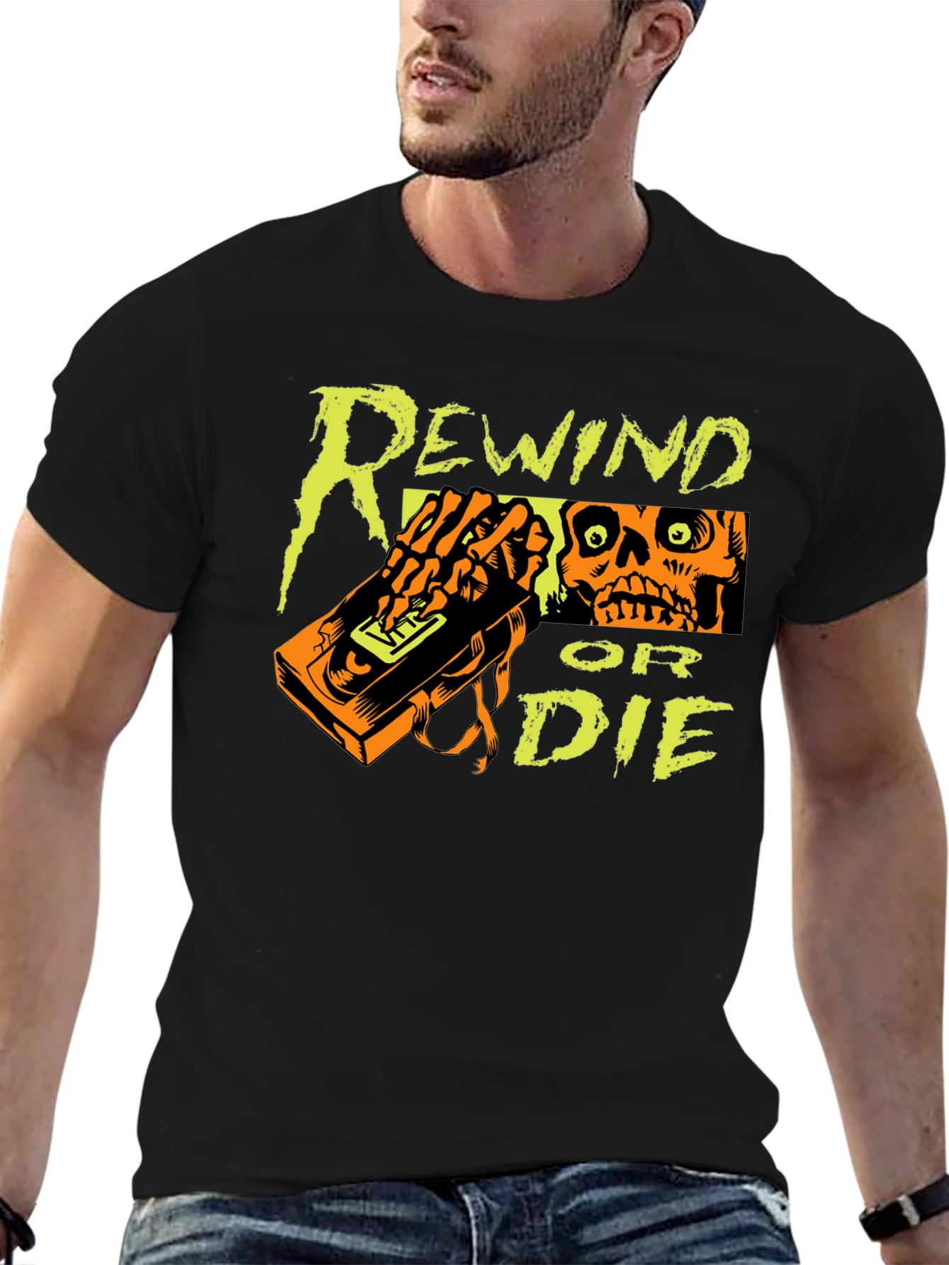 Black Rewind or Die Graphic Tee - VHS Tape Skull T-Shirt view 6