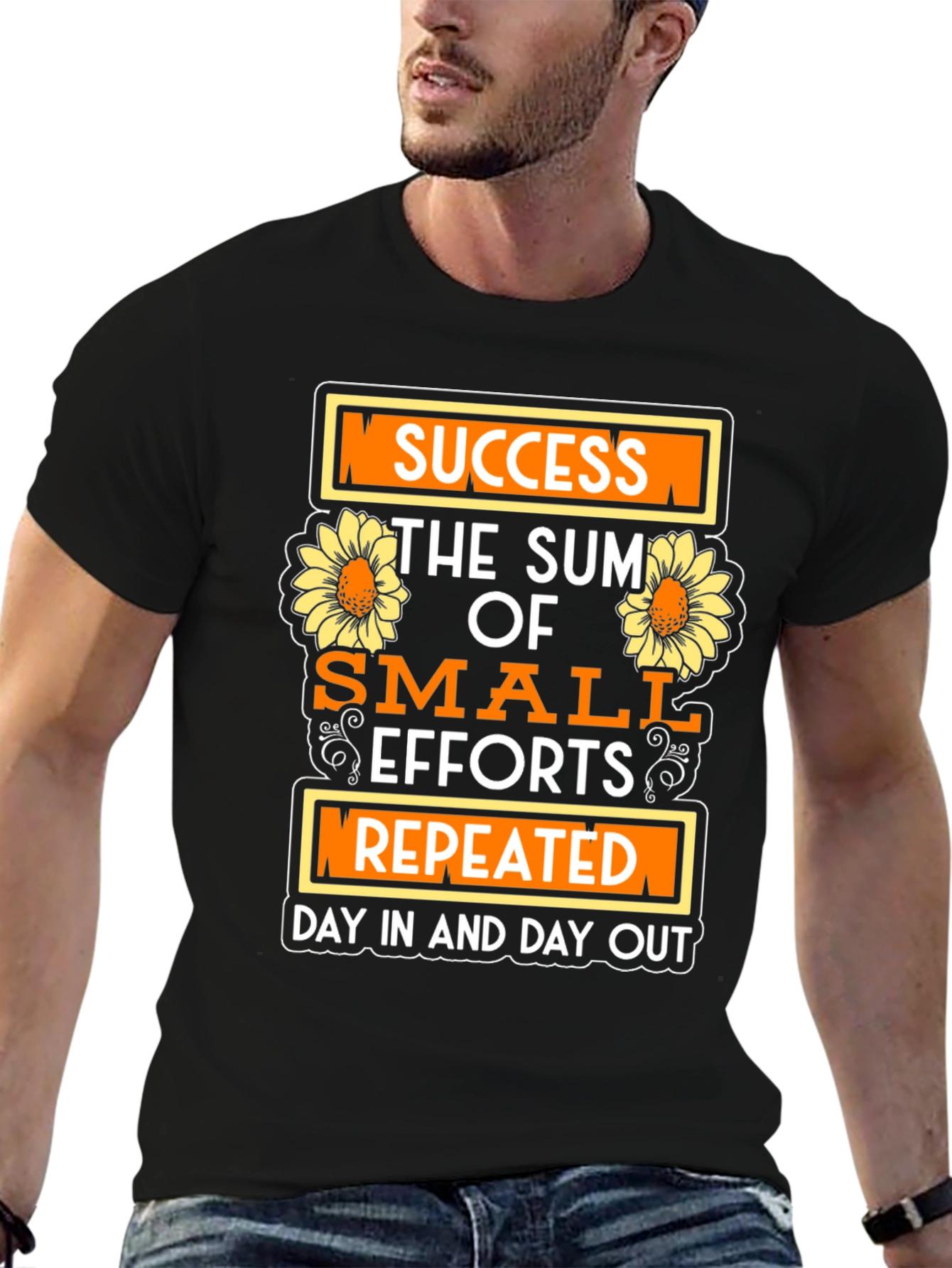 Black Success Motivational T-Shirt with Sunflower Design view 6