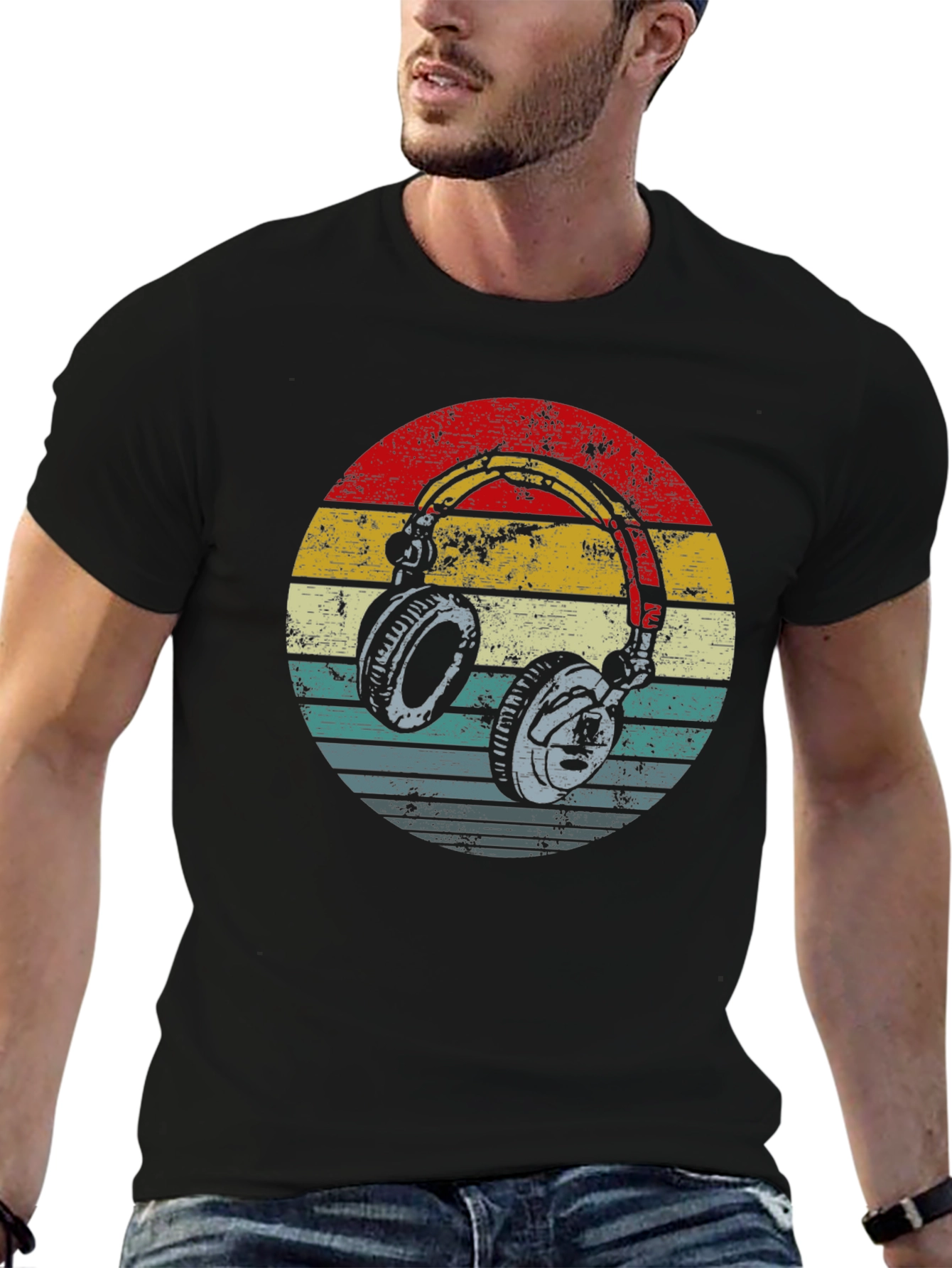 Black Retro Headphones Graphic Tee - Black view 6