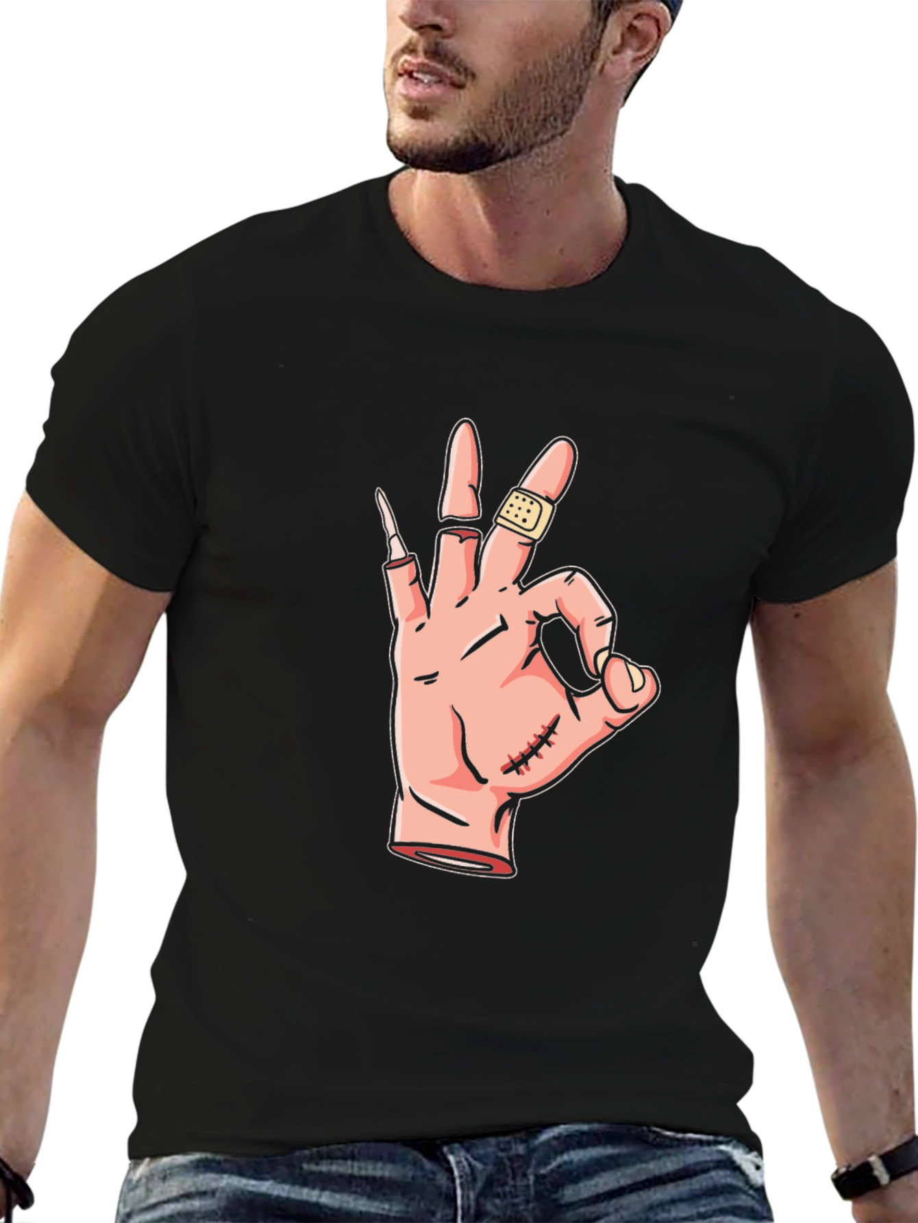 Black Humorous "Okay" Hand Gesture Graphic Tee view 6