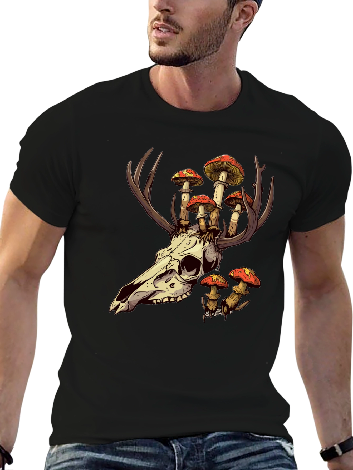 Black Skull and Mushroom T-Shirt - Unique Graphic Tee view 6