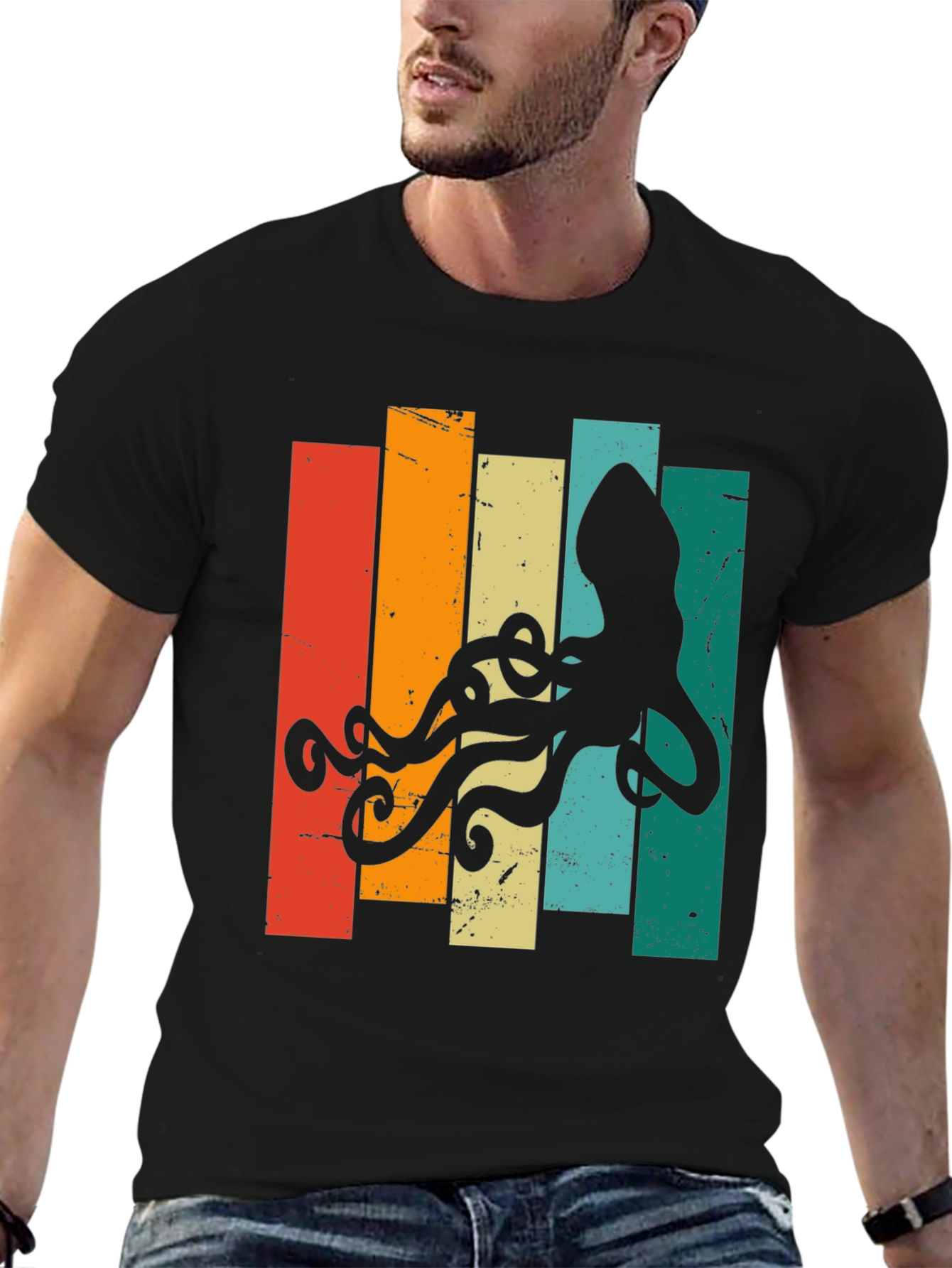 Black Retro Octopus Graphic T-Shirt - Vintage Sea Life Tee view 6