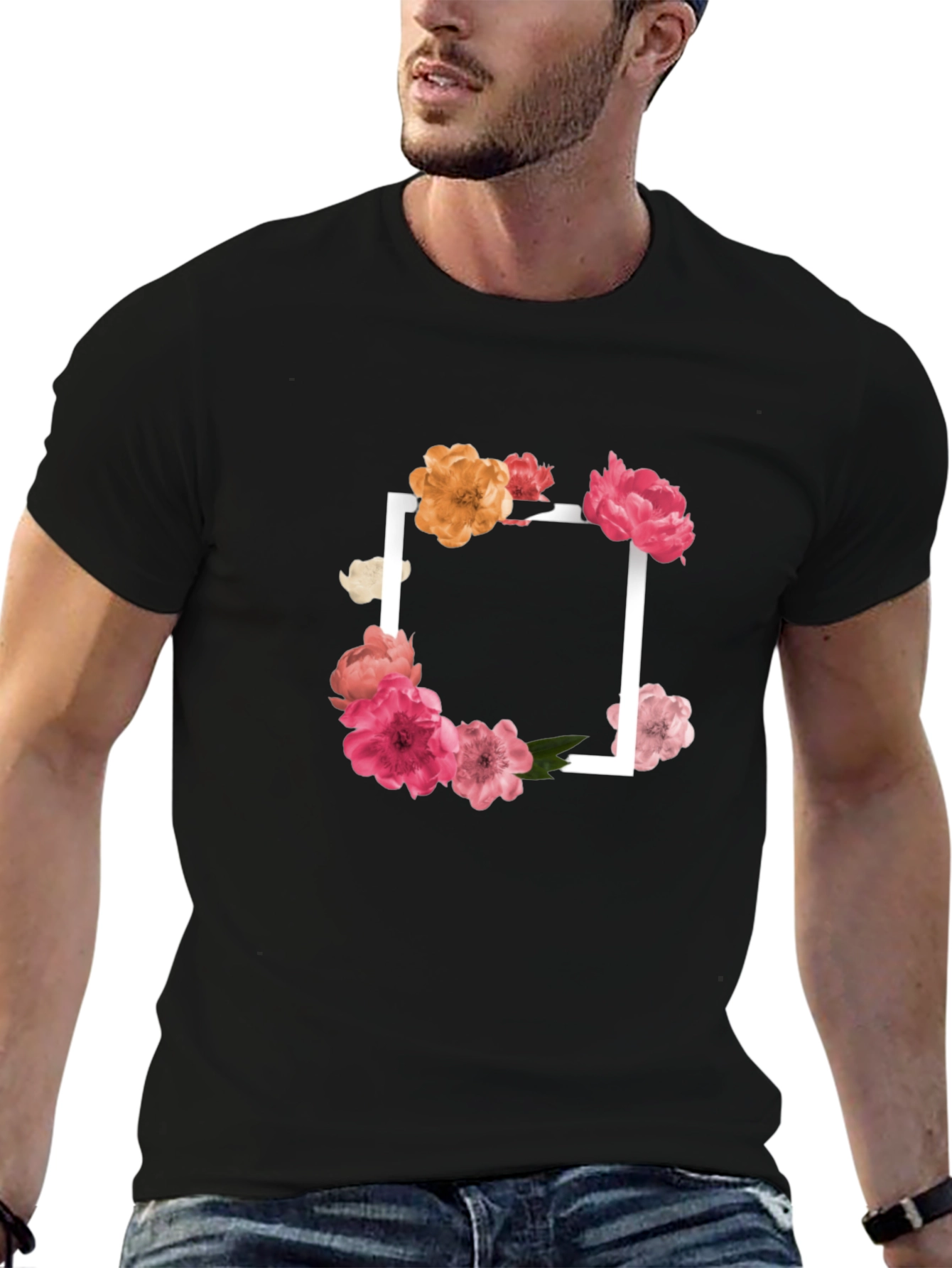 Black Floral Frame Black T-Shirt view 6