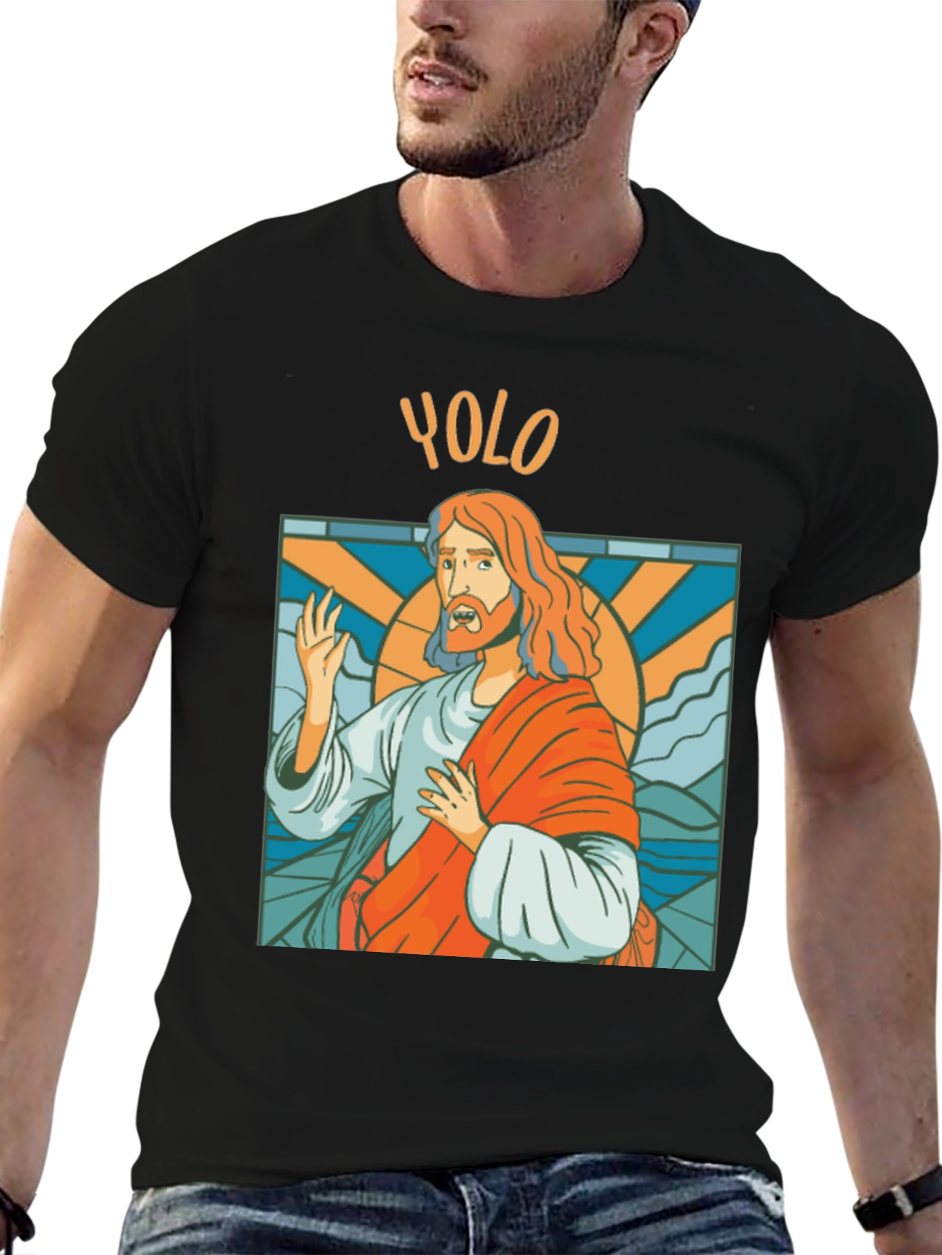 Black YOLO Jesus Graphic Tee - Trendy Novelty T-Shirt view 6