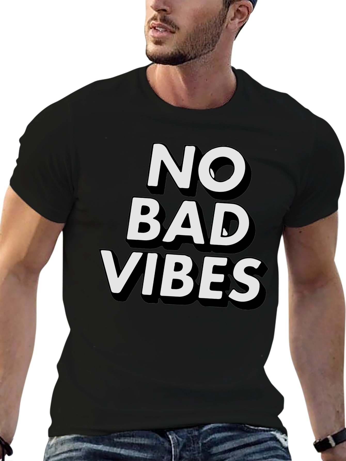 Black No Bad Vibes Graphic Tee - Black Casual T-Shirt view 6