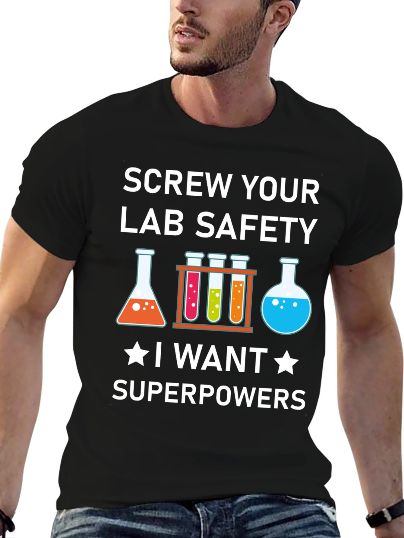 Black Screw Your Lab Safety T-Shirt: Superpowers Graphic Tee view 6