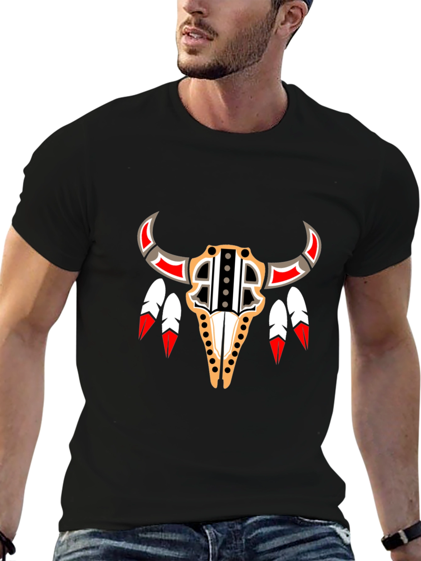 Black Native American Bull Skull Graphic Tee view 6