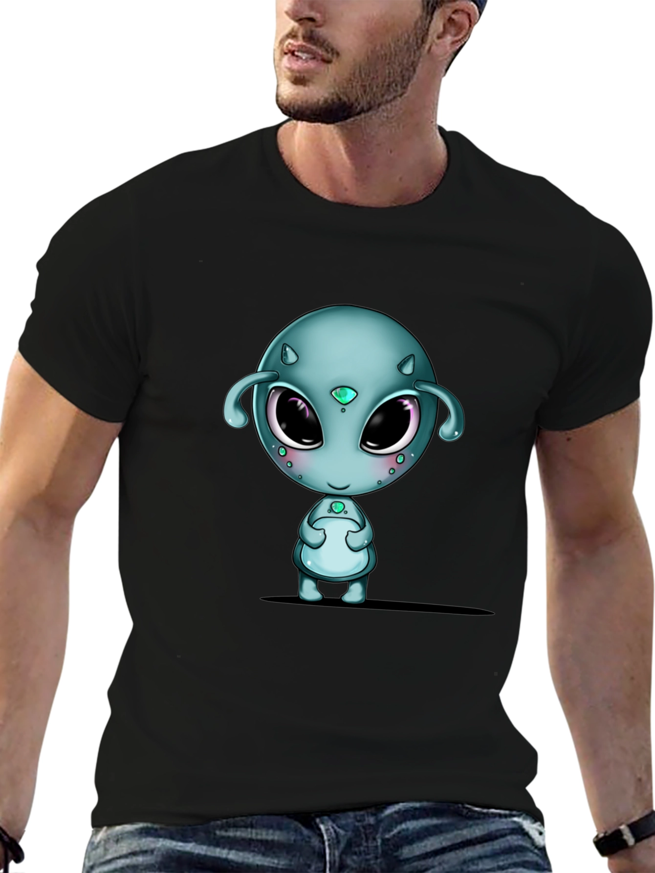 Black Cute Alien Graphic Black T-Shirt view 6