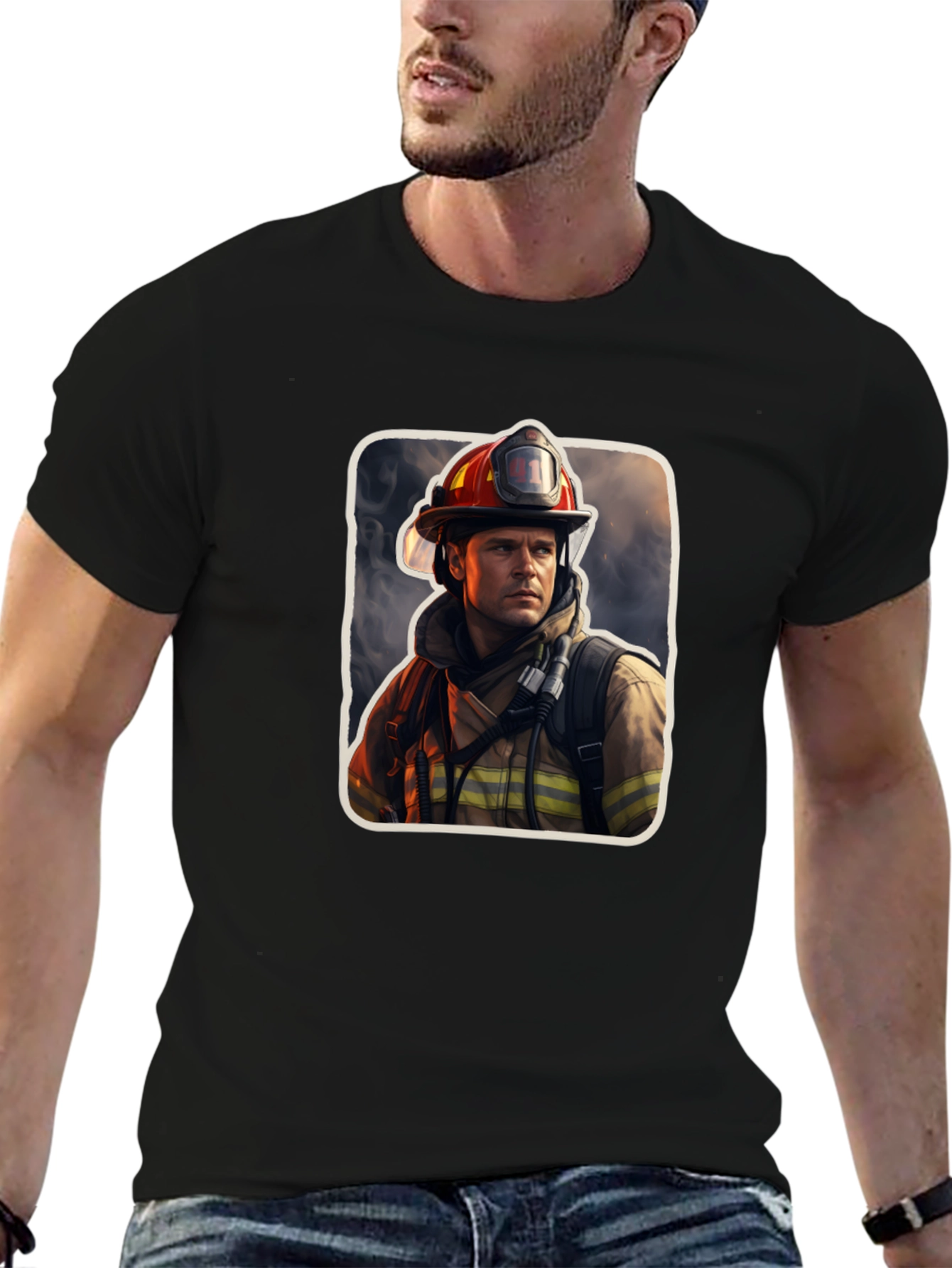 Black Firefighter Graphic Tee - Premium Black Cotton T-Shirt view 6