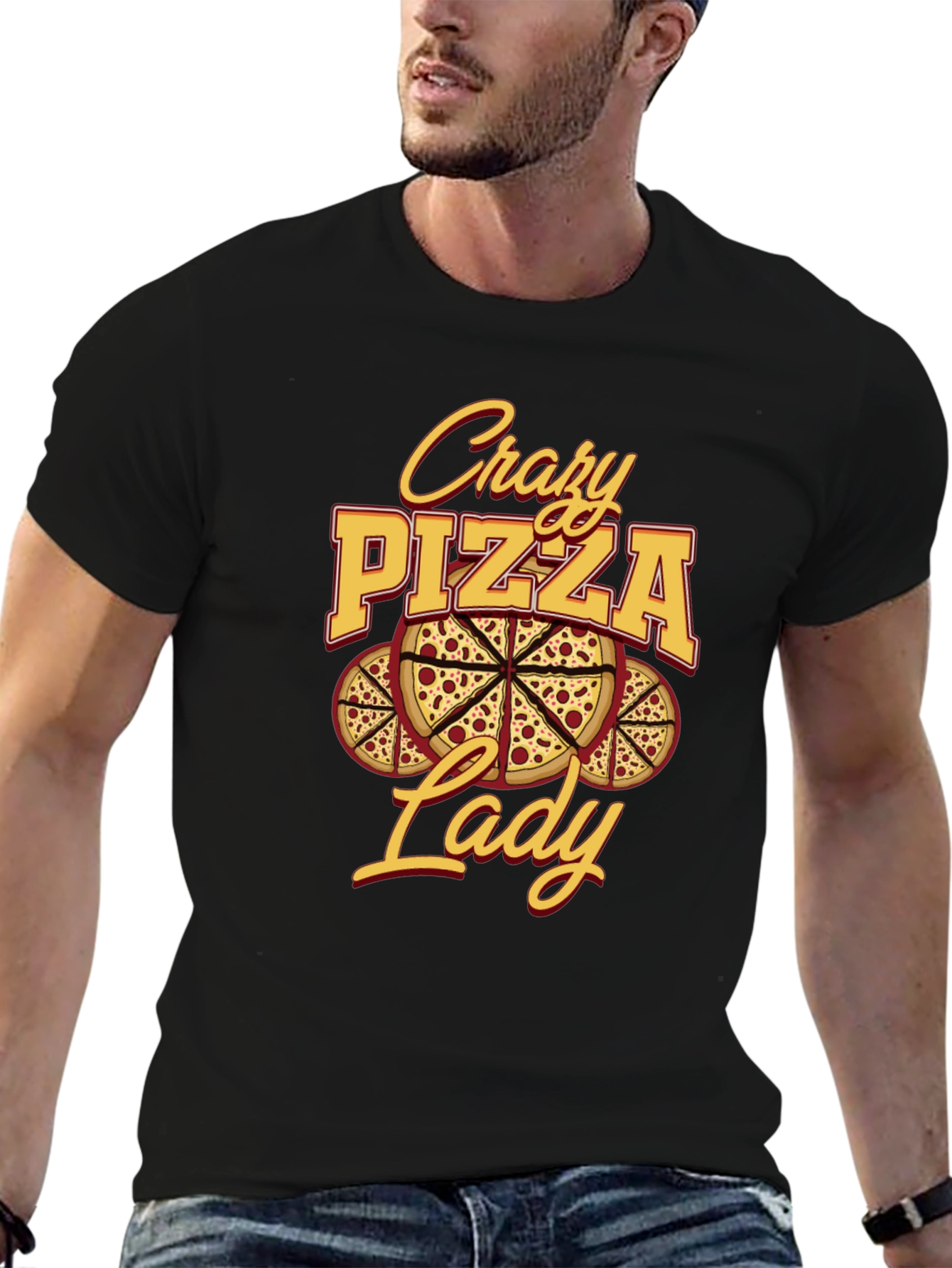 Black Crazy Pizza Lady Graphic Tee - Unisex Black T-Shirt view 6