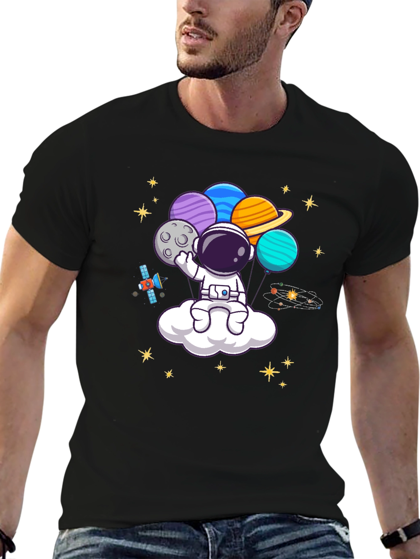 Black Astronaut Planet Balloons Graphic Tee - Black view 6