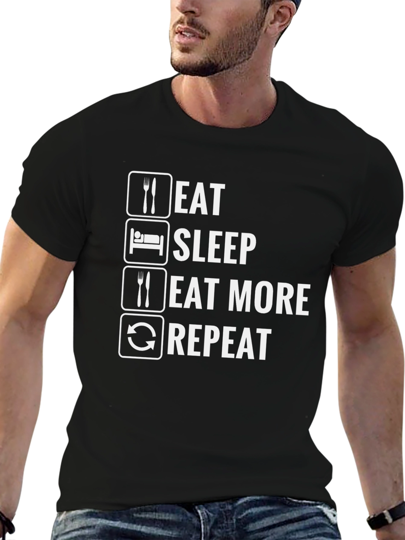 Black Eat Sleep Eat More Repeat Funny Graphic Tee view 6
