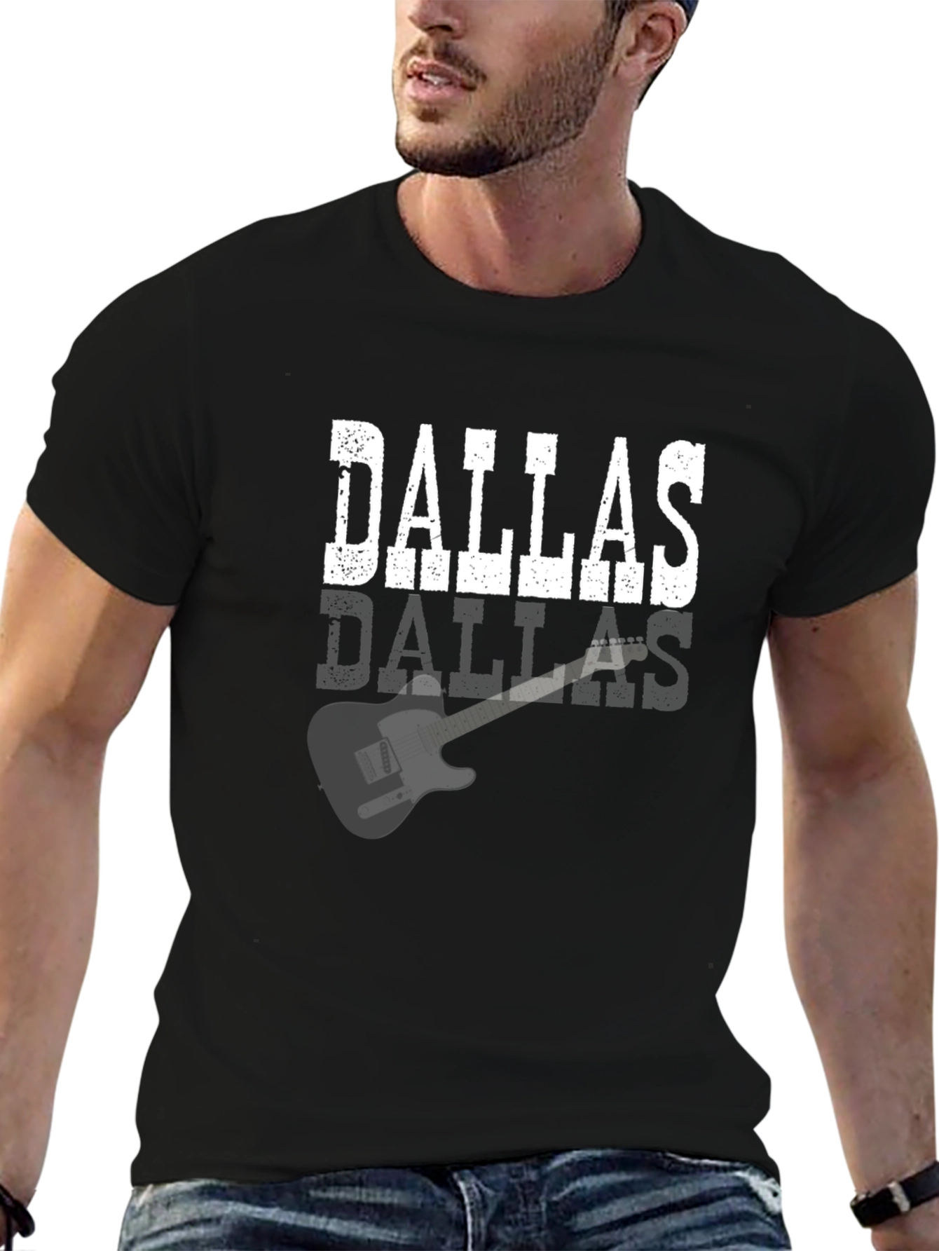 Black Dallas Guitar Graphic Tee - Black Cotton T-Shirt view 6