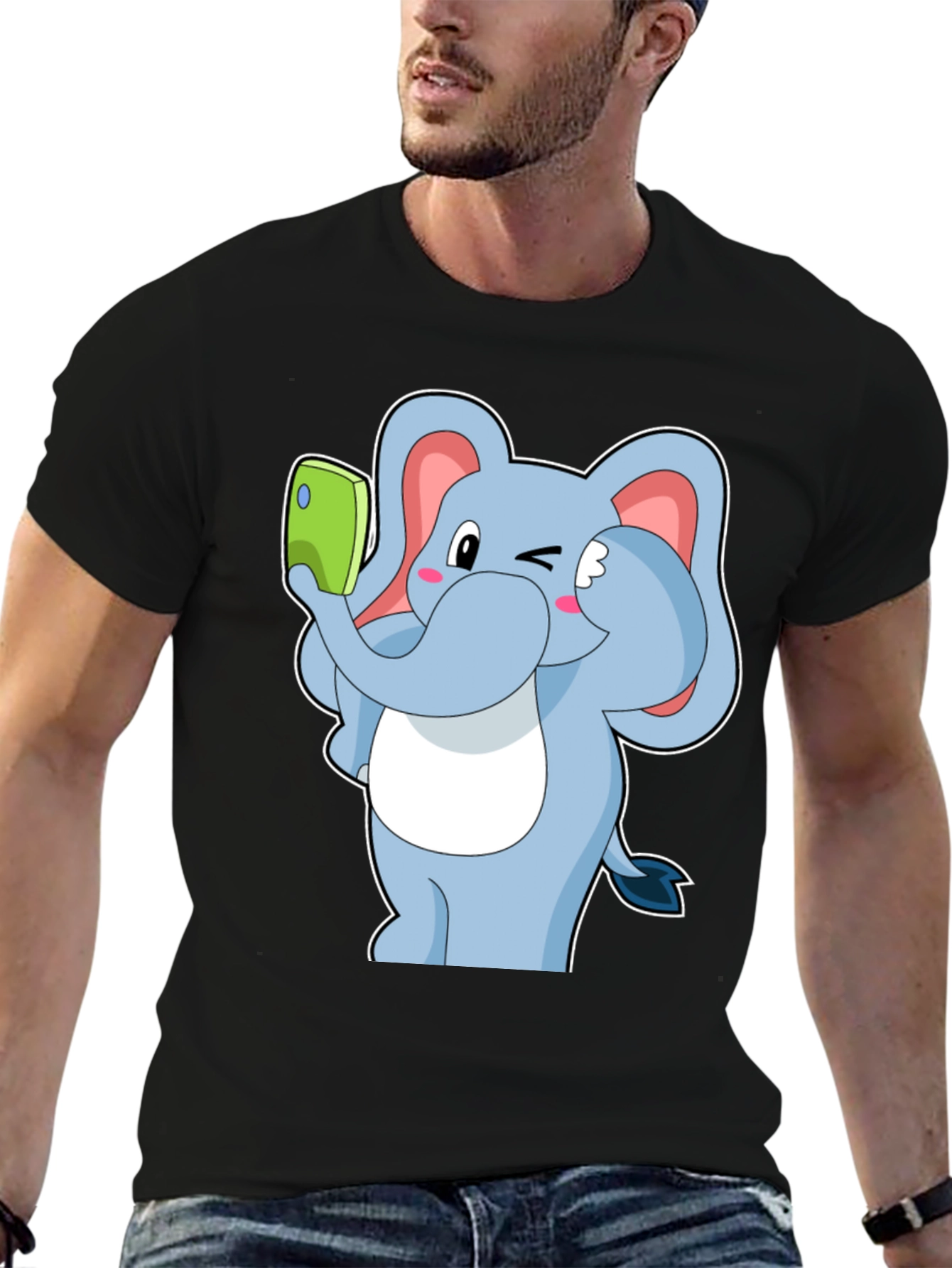Black Elephant Selfie T-Shirt - Fun Cartoon Tee view 6